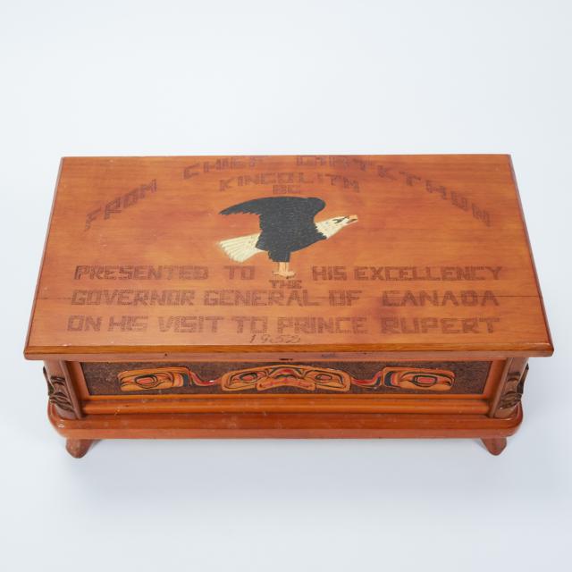 RED CEDAR CHIEF’S STORAGE BOX WITH SISIUTL MOTIF MADE BY A CARVER OF THE NISGA’A NATION, 1952