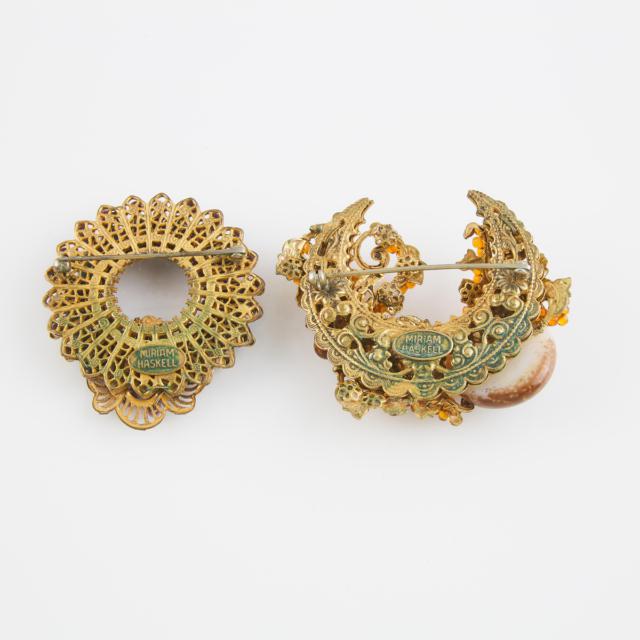 2 Miriam Haskell Gold-Tone Metal Filigree Brooches