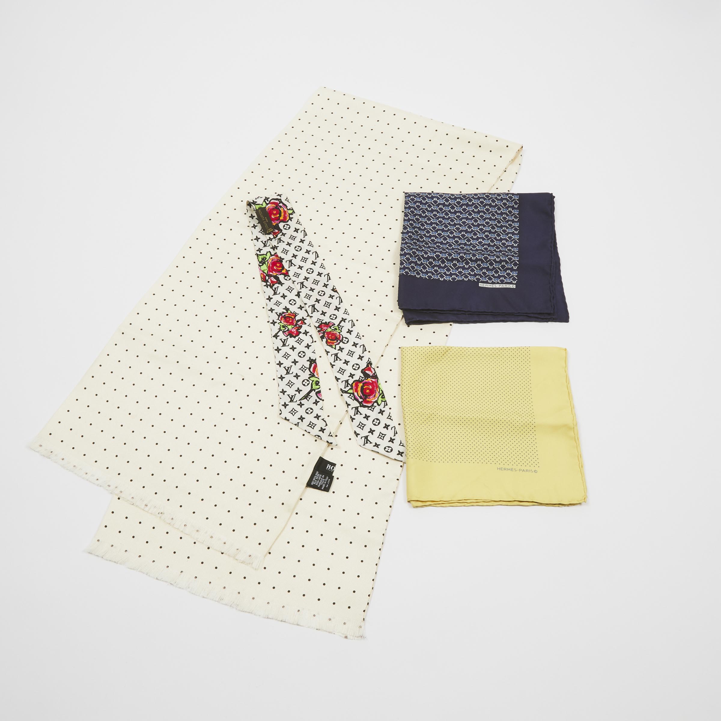 2 Hermès Silk Pocket Squares, A Louis Vuitton Purse Tie, & A Hugo Boss Silk Scarf