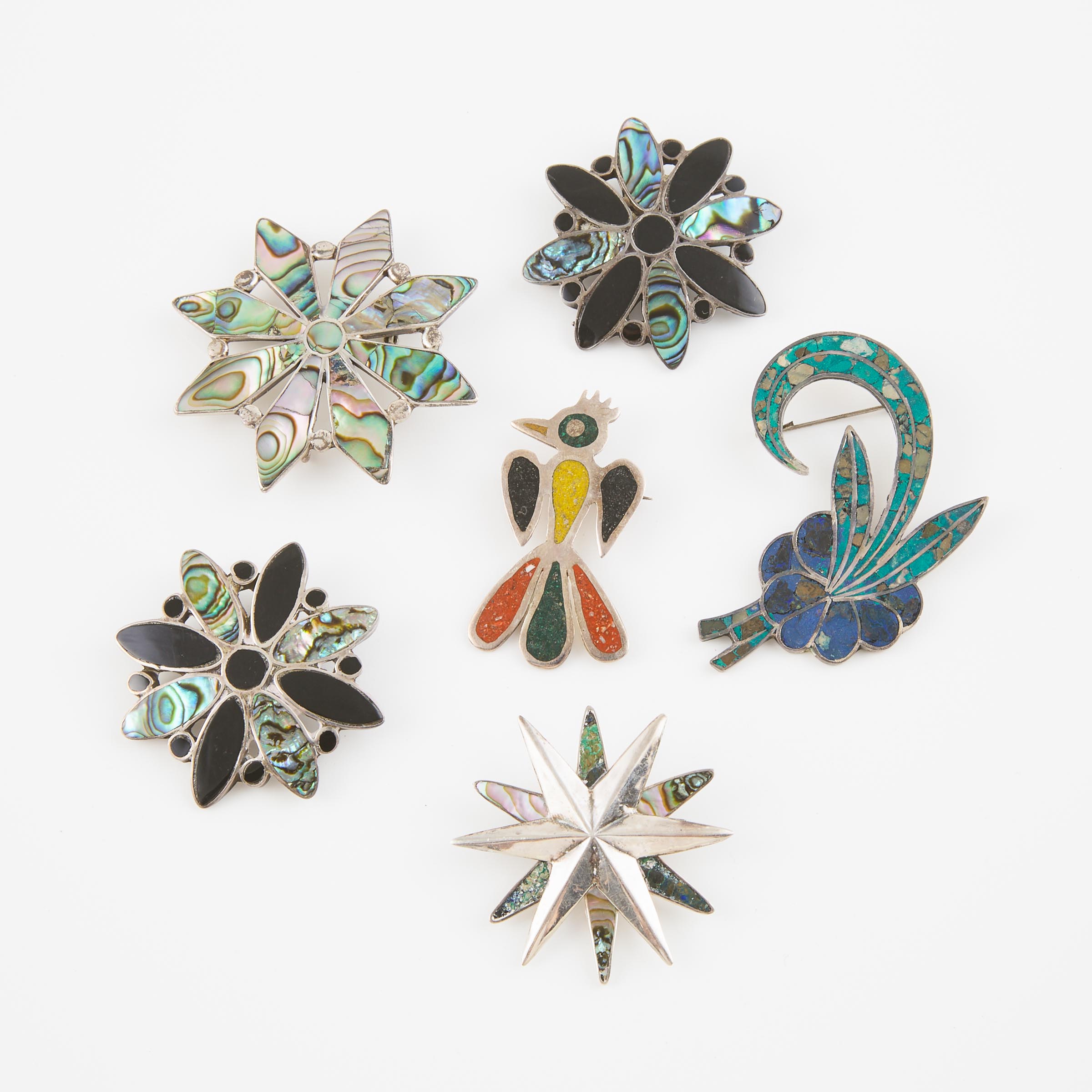 6 Mexican Silver Brooches