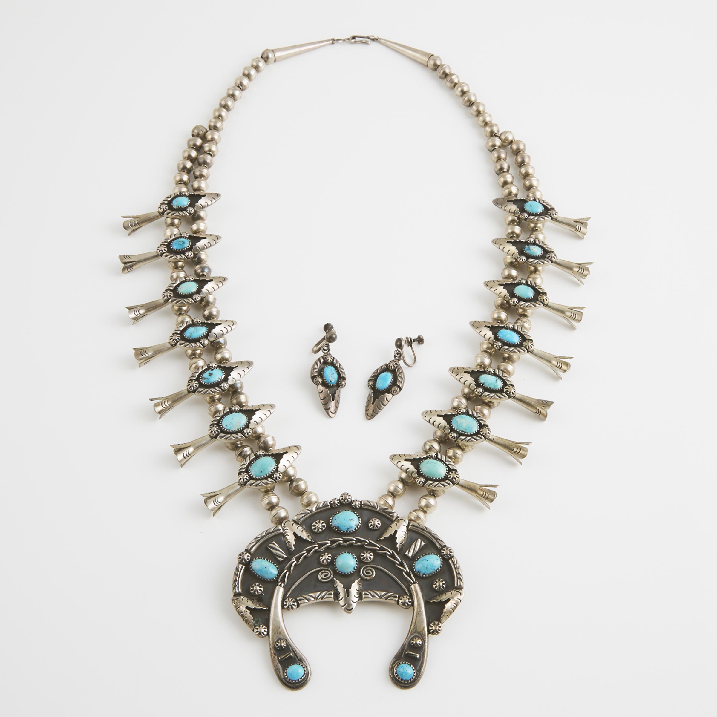 Navajo Silver Squash Blossom Necklace & A Pair Of Matching Screwback Earrings