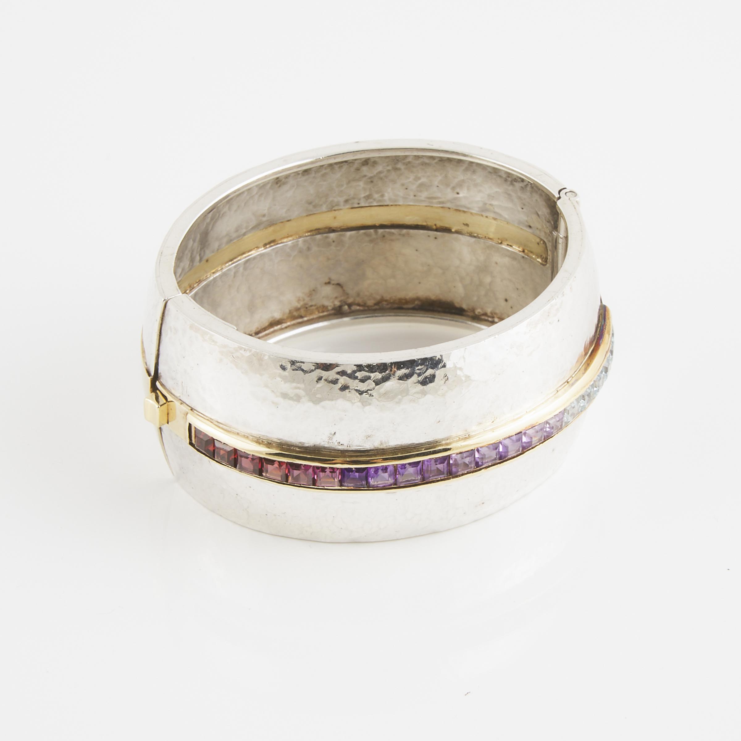 Sterling Silver And 18k Yellow Gold Wide Hinged Bangle
