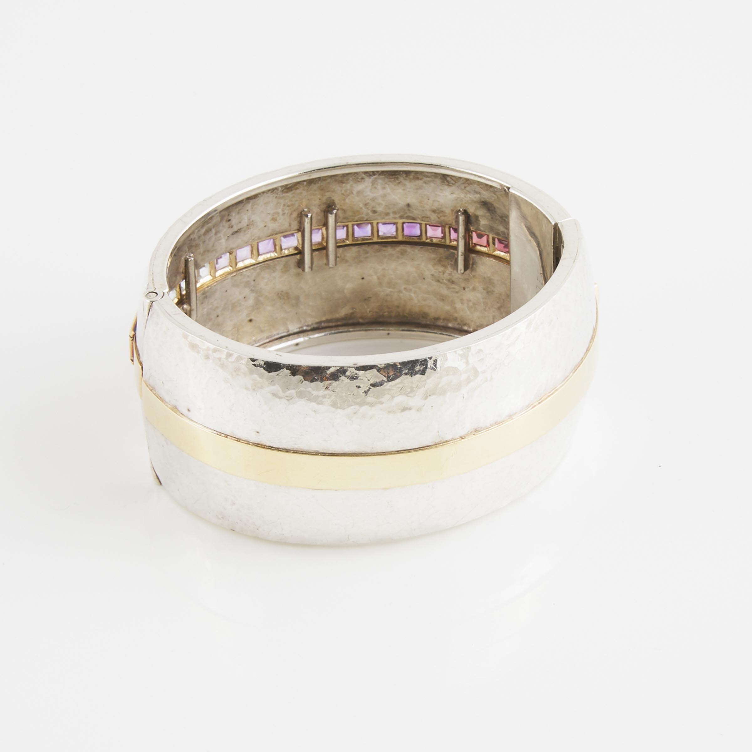 Sterling Silver And 18k Yellow Gold Wide Hinged Bangle