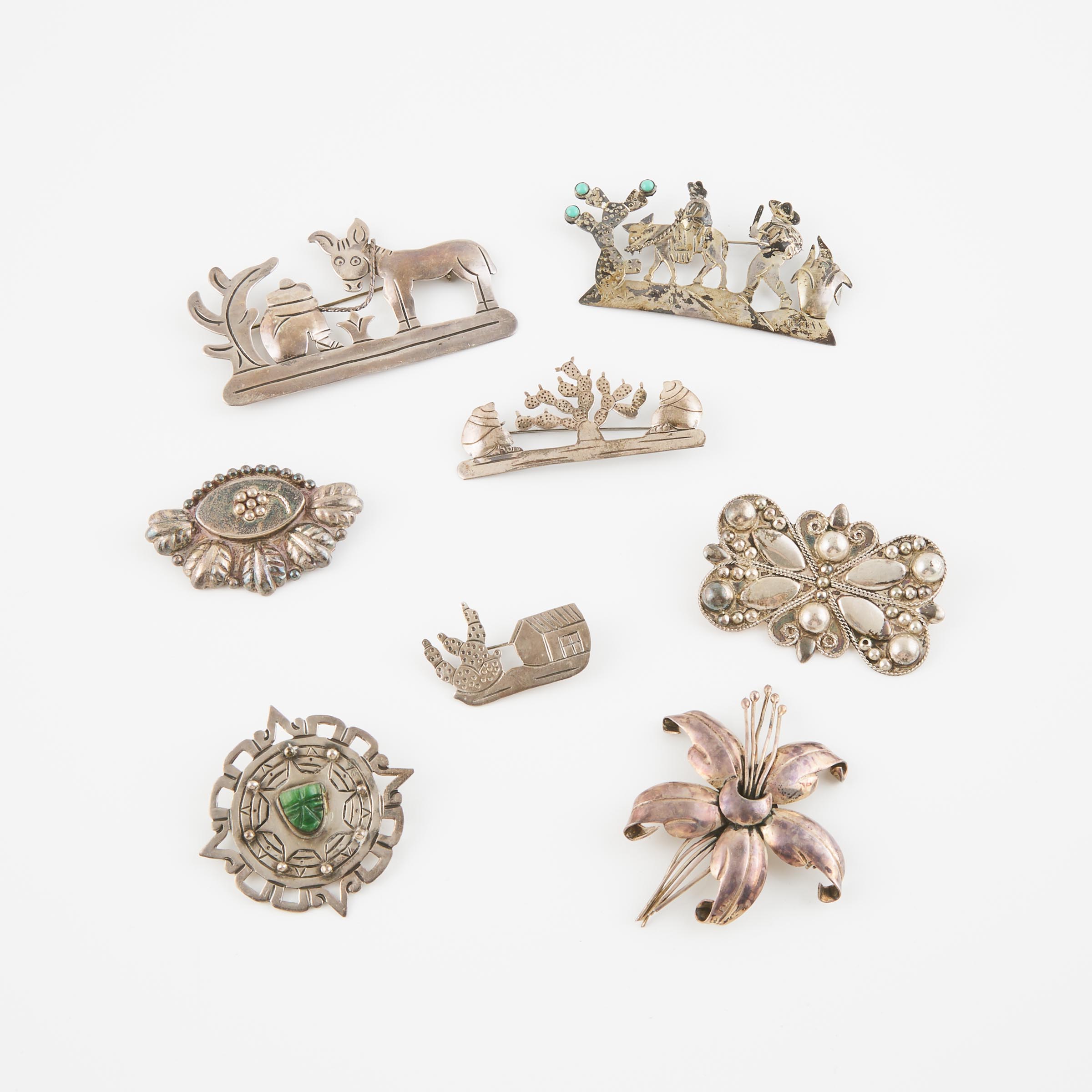 8 Mexican Silver Brooches