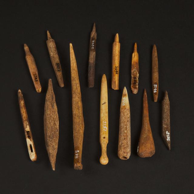 Thirteen Awls and Assorted Implements, Yupik,  Savoonga, Sivuqaq (St. Lawrence Island), Pre-1900