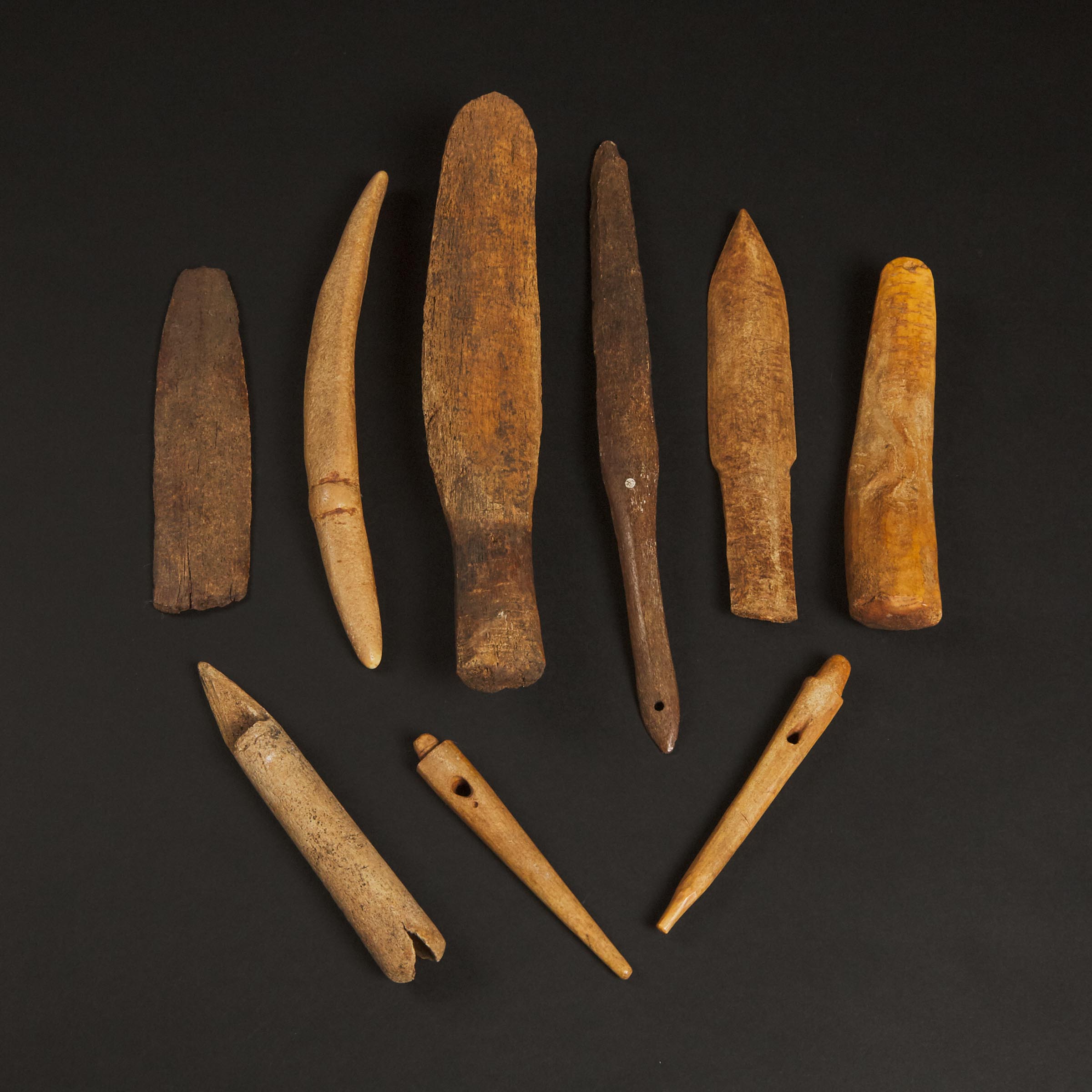 Two Snow Knives and Seven Other Implements, Yupik, Inupiat, Savoonga, Sivuqaq (St. Lawrence Island), and Sitaisaq (Brevig Mission), Pre-1900