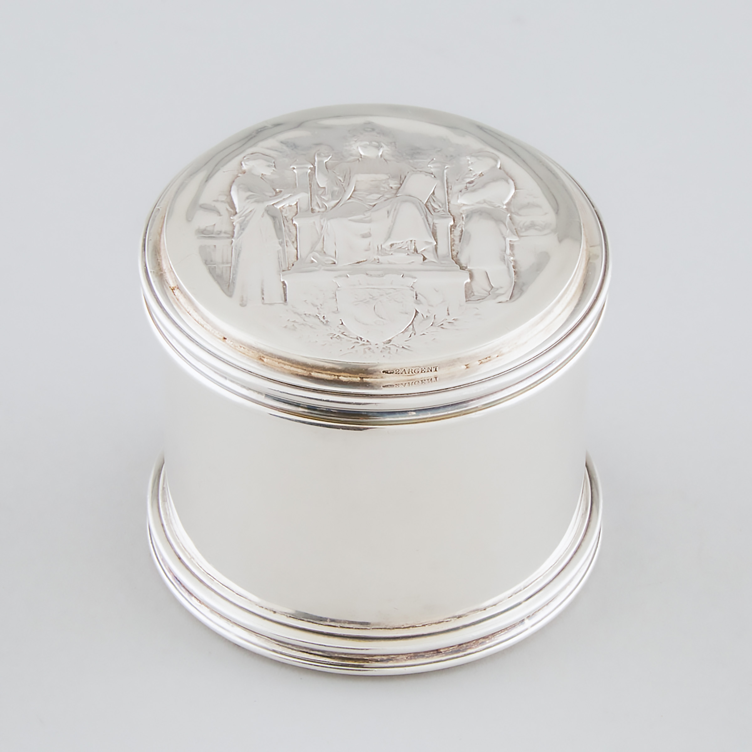 English and French Silver 'Paris' Cylindrical Box, Charles & Richard Comyns, London, 1923