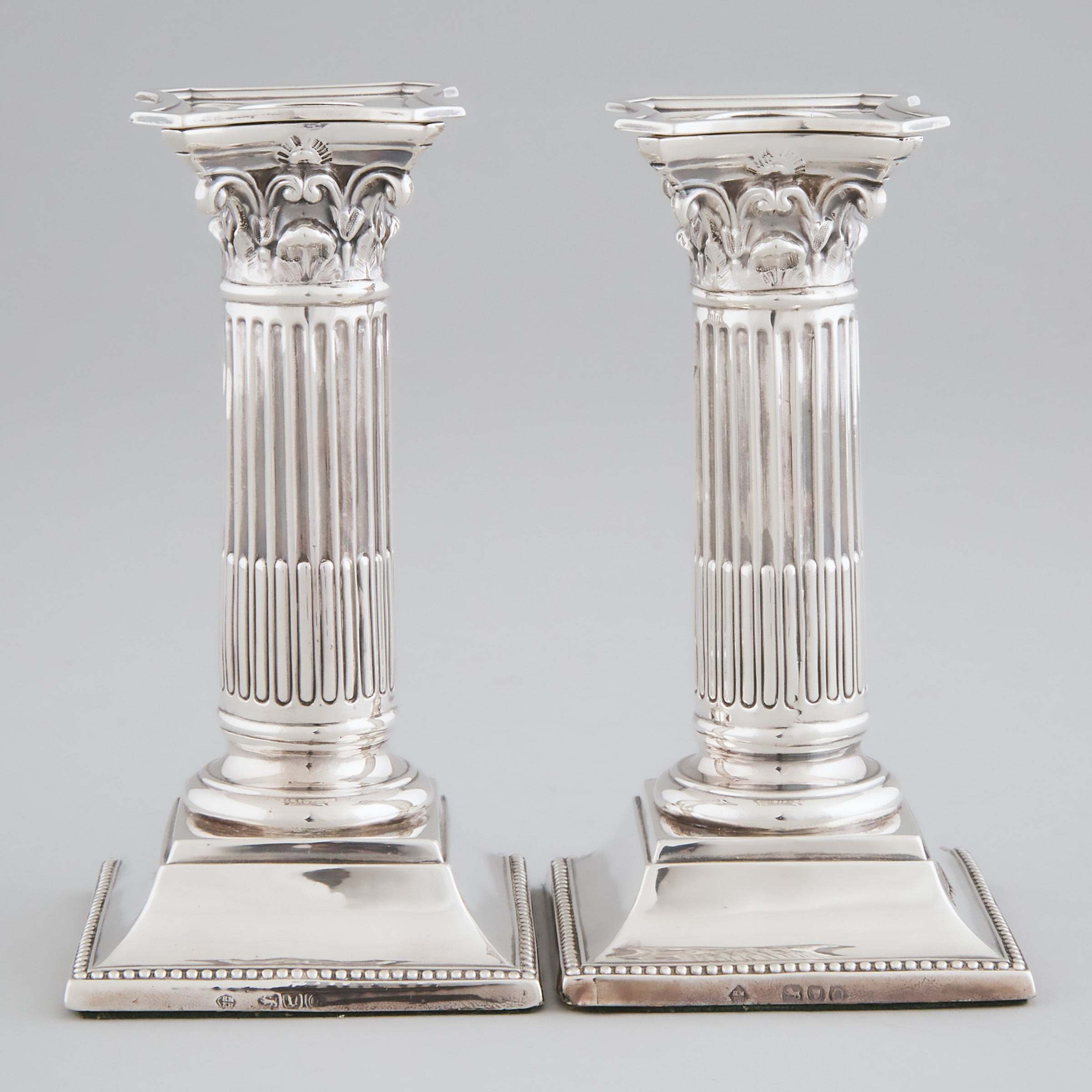 Pair of Victorian Silver Corinthian Columnar Small Candlesticks, Richard Martin & Ebenezer Hall, London, 1891