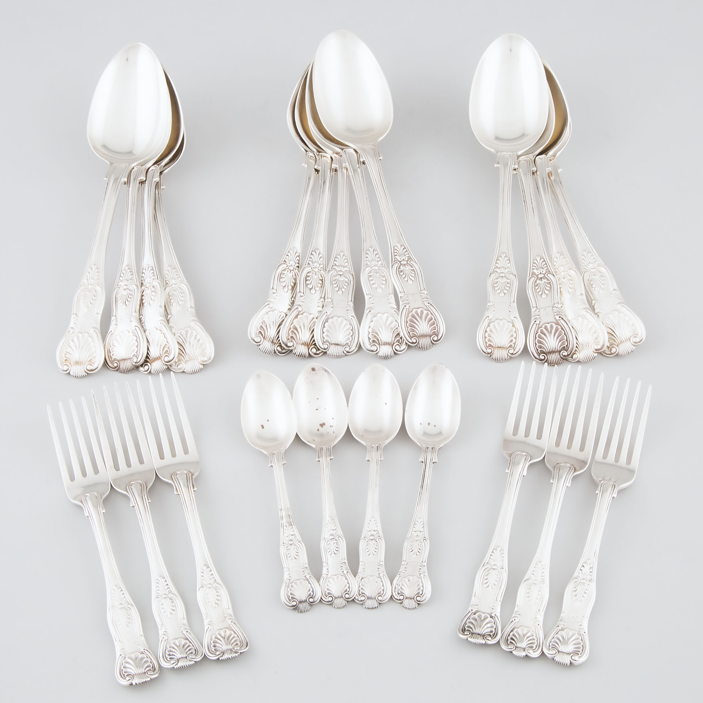 Thirteen Victorian Silver Kings Pattern Table Spoons, Six Dessert Forks and Four Tea Spoons, London, c.1836-1900 