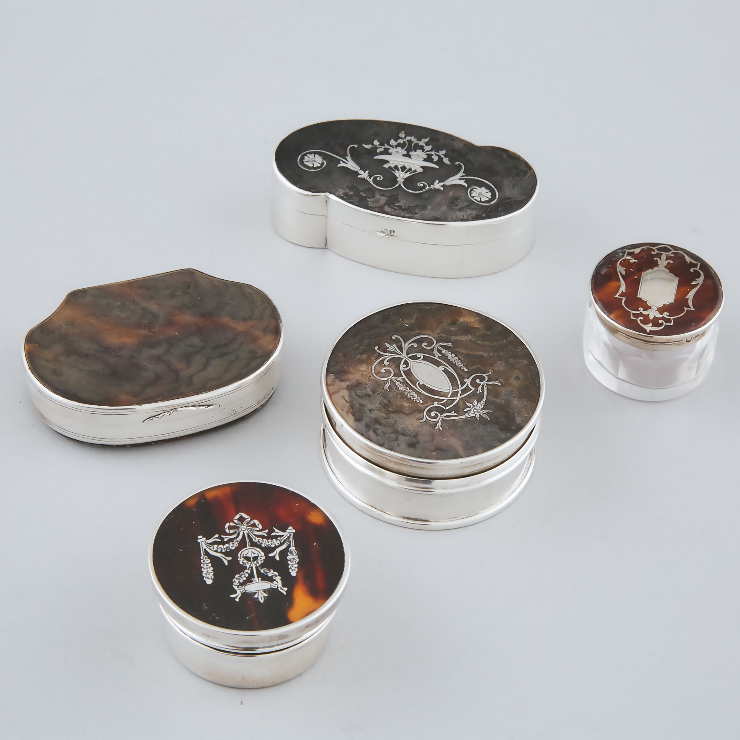 Five English Silver and Tortoiseshell Boxes and Jars, London and Birmingham, early 20th century