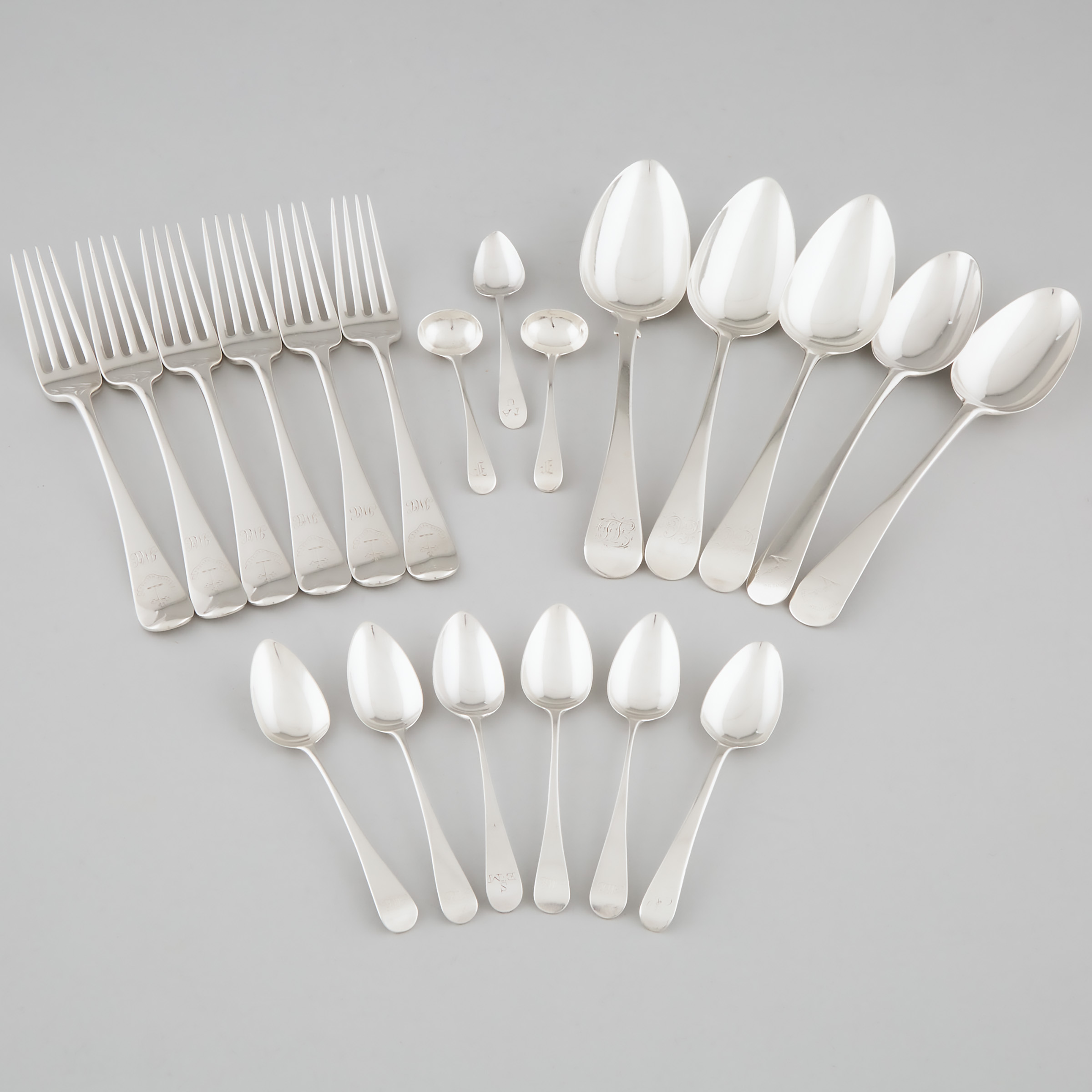 Group of George III and Victorian Silver Old English Pattern Flatware, mainly London and Glasgow, 1768-1868