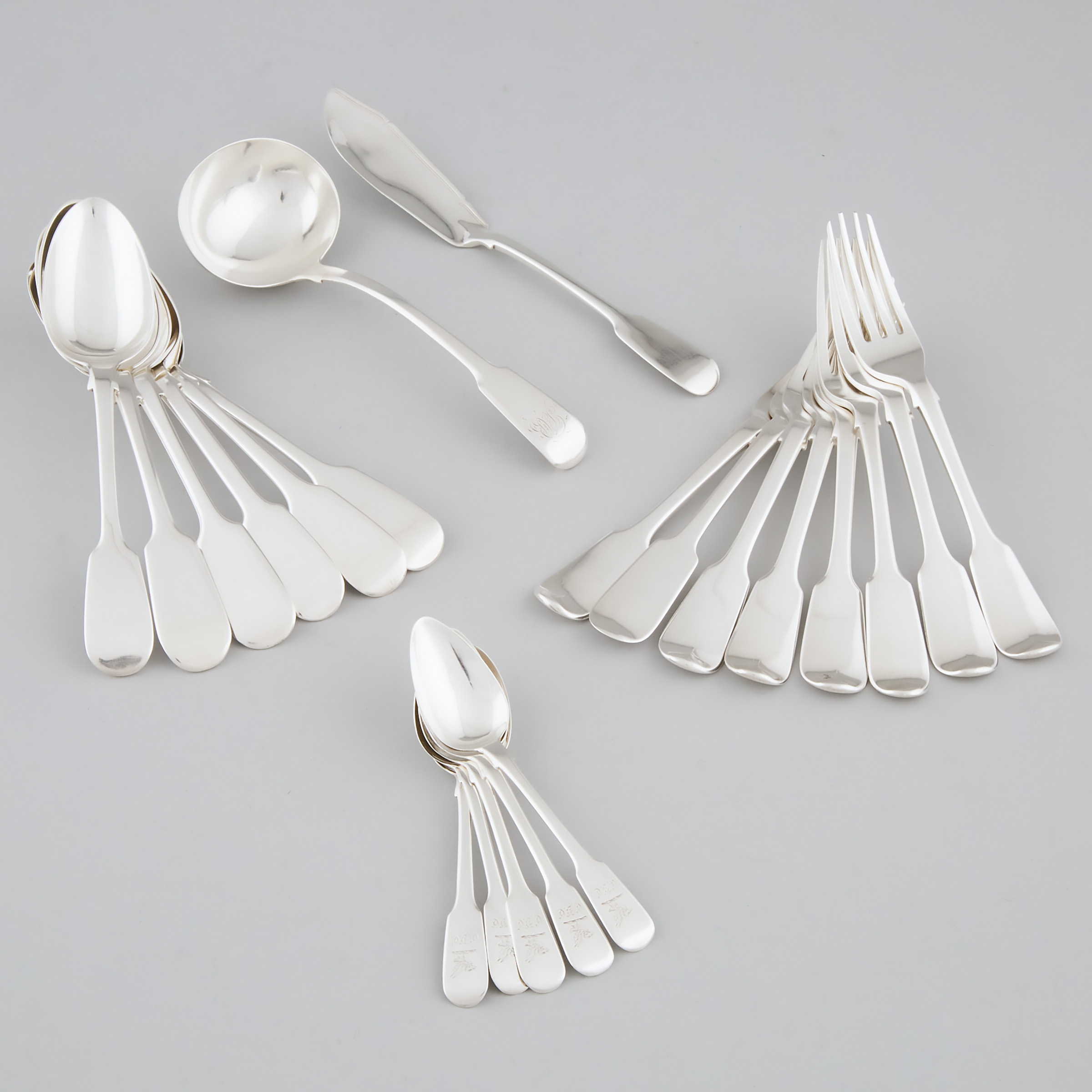 Group of Georgian and Victorian Silver Fiddle Pattern Flatware, c.1810-64