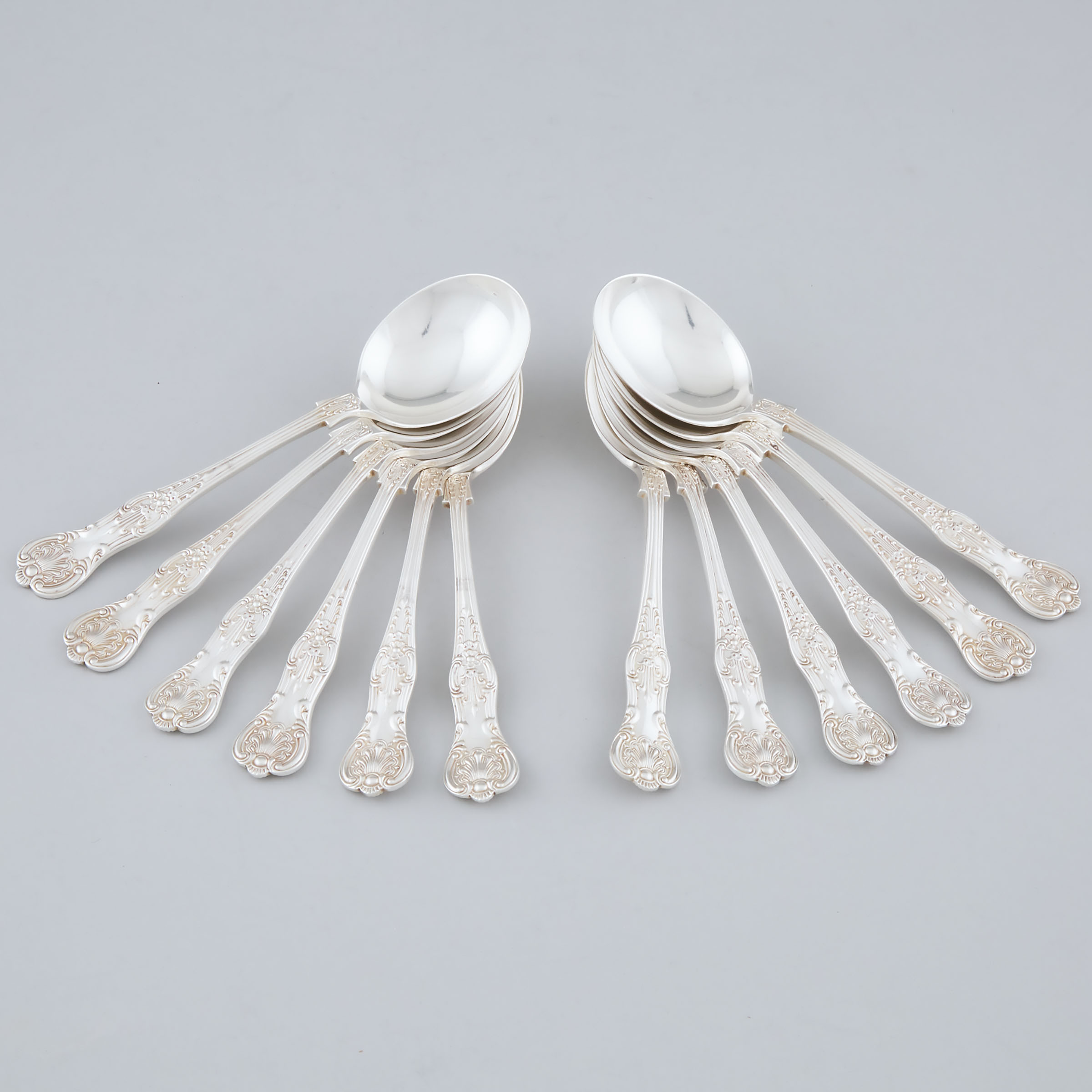 Twelve English Silver Queens Pattern Soup Spoons, Mappin & Webb, Sheffield, 1932