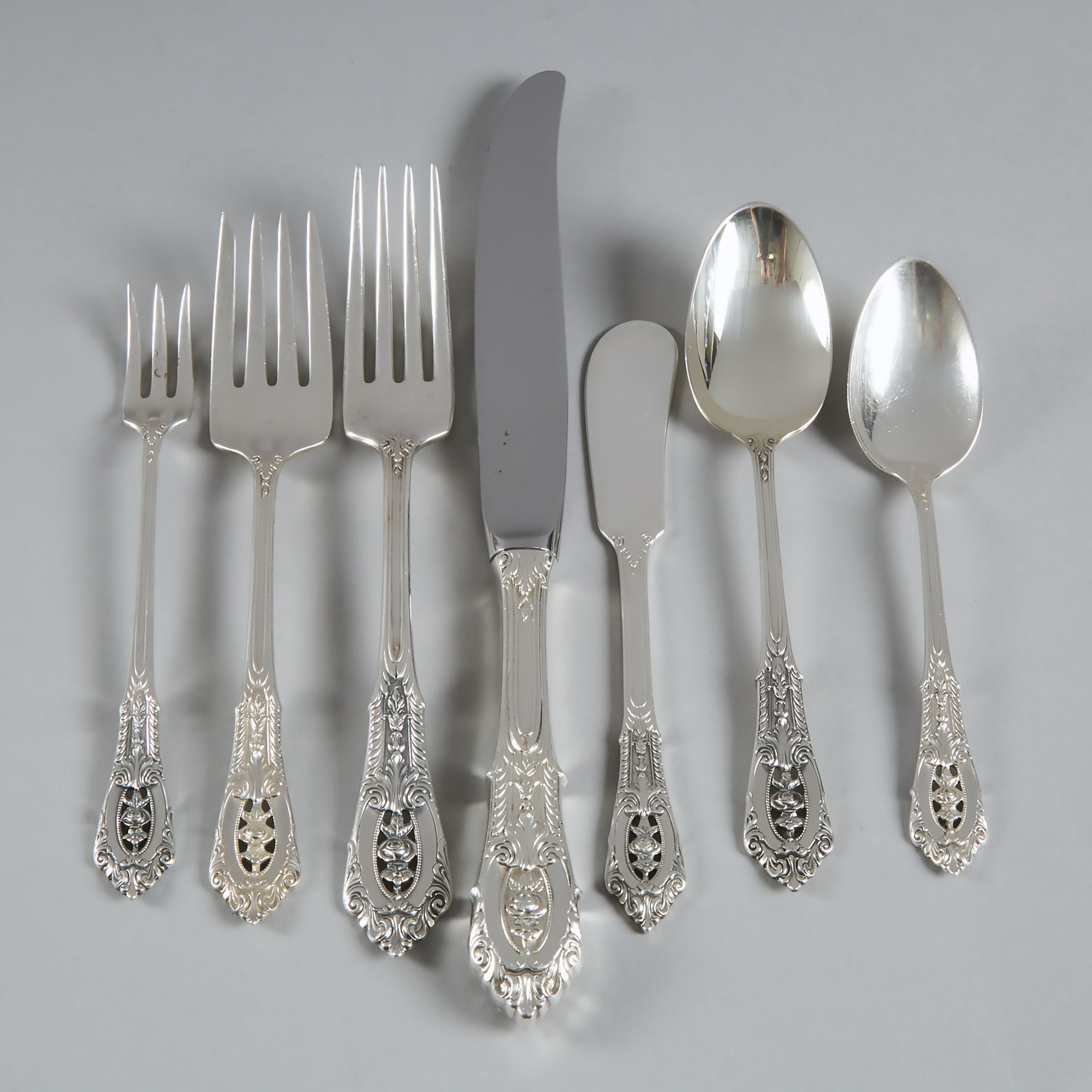 American Silver ‘Rosepoint’ Pattern Flatware, Wallace Silversmiths, Wallingford, Ct., 20th century