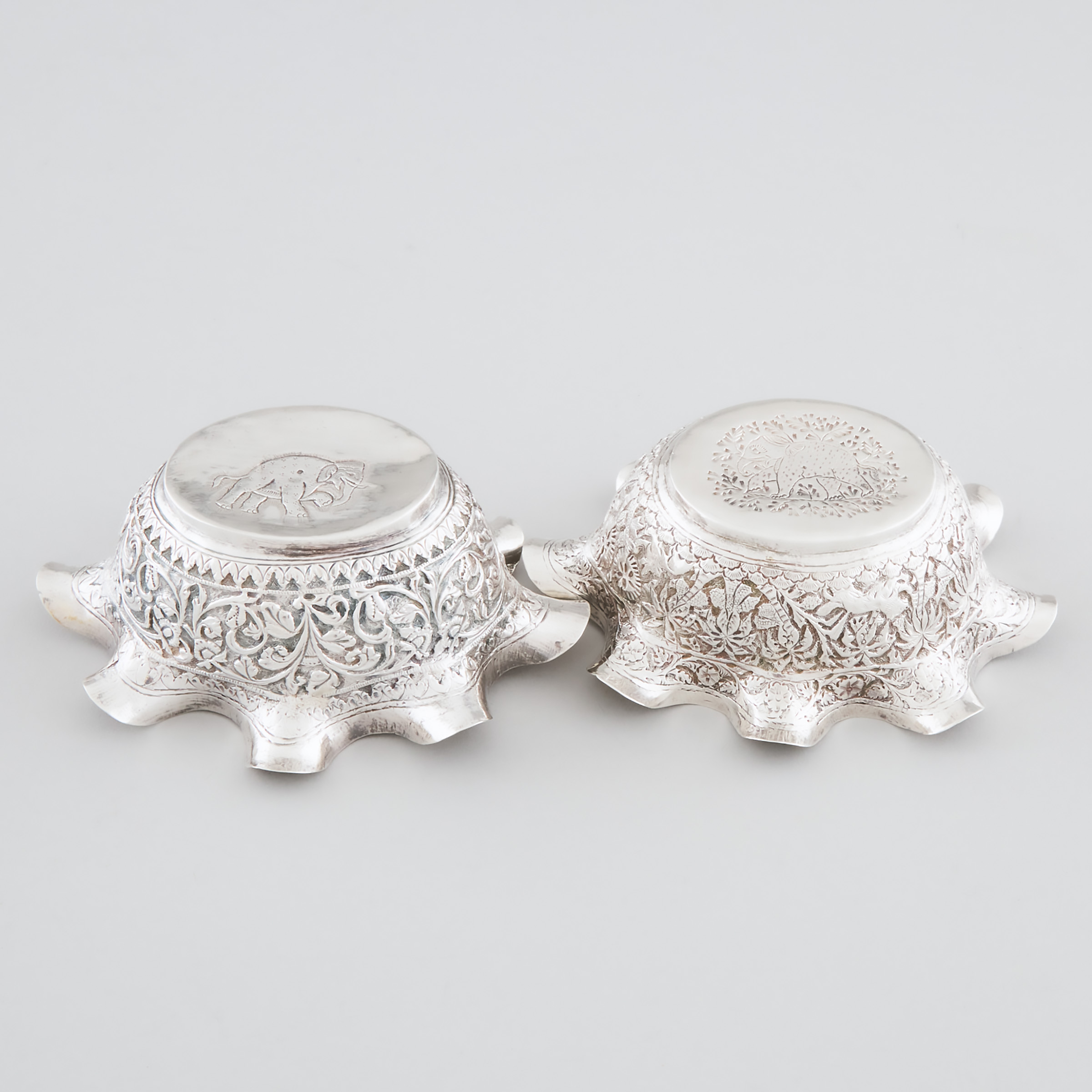 Two Burmese Silver Small Oval Bowls, early 20th century