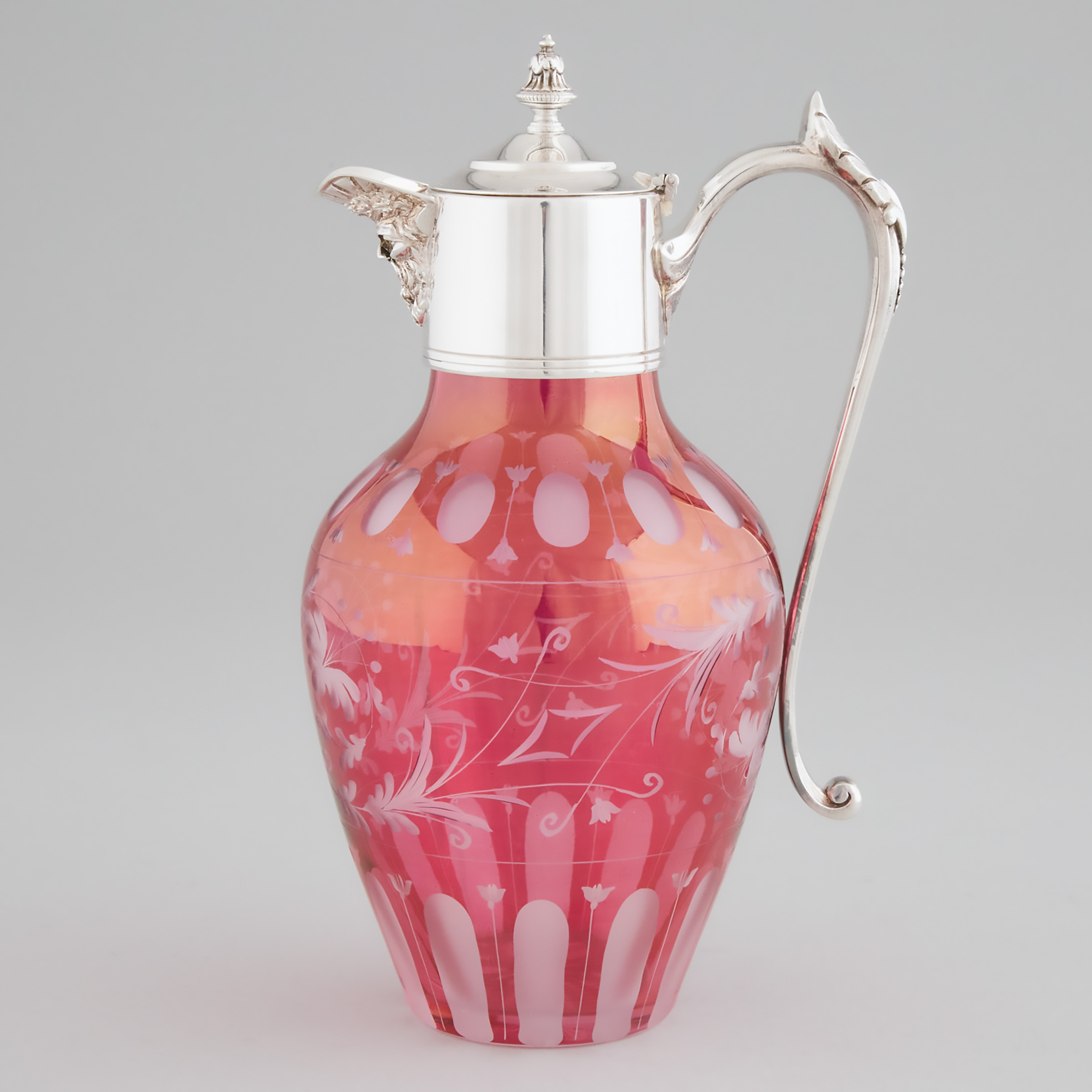 Victorian Silver Plate Mounted Red Cut Glass Claret Jug, John Turton & Co., Sheffield, late 19th century