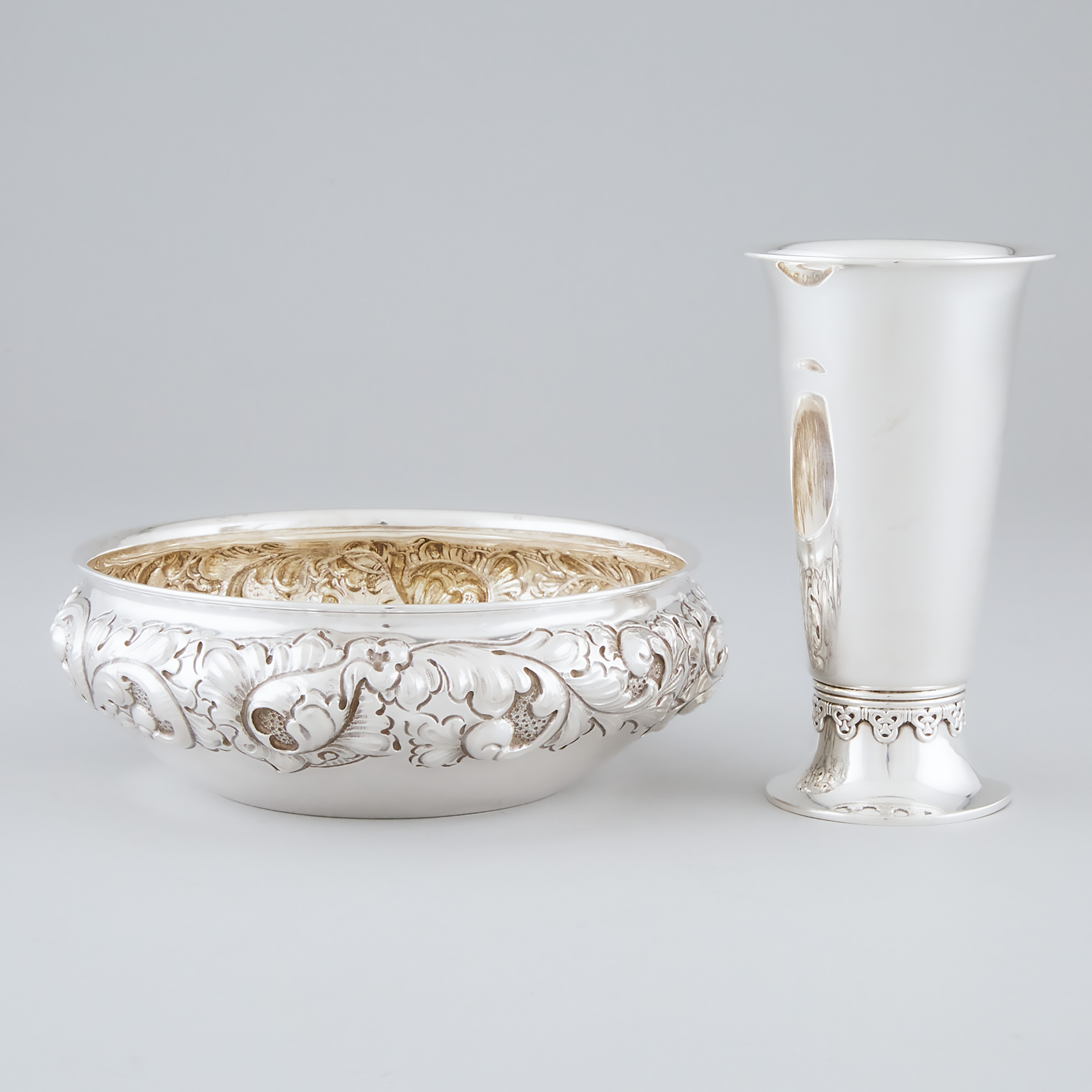 Norwegian Silver Repoussé Bowl and a Beaker Vase,  N.M. Thune, Oslo, 20th century