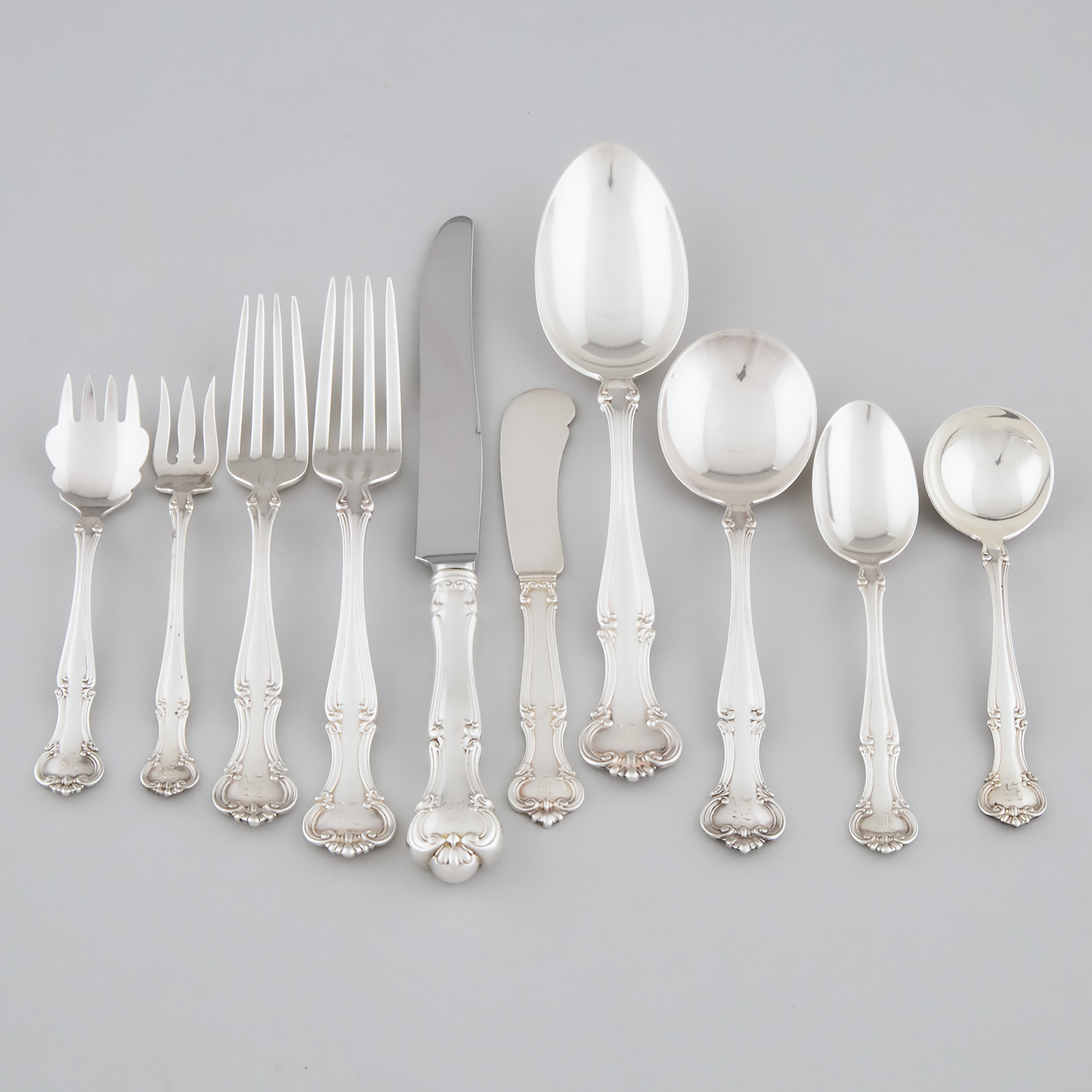 American Silver 'Cromwell' Pattern Flatware Service, Gorham Mfg. Co., Providence, R.I., for Shreve & Co., early 20th century