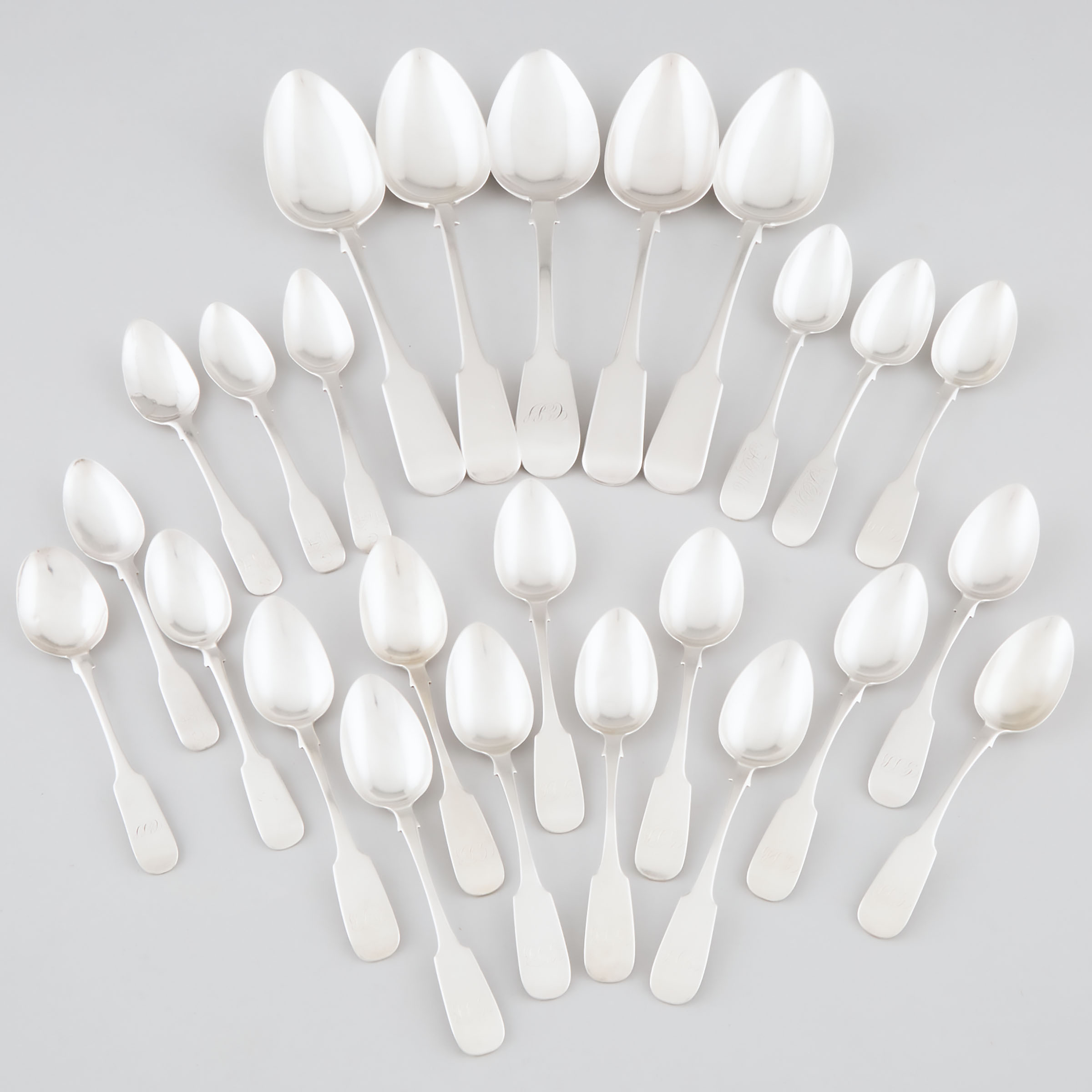 Five Canadian Silver Fiddle Pattern Table Spoons and Twenty Tea Spoons, 19th century