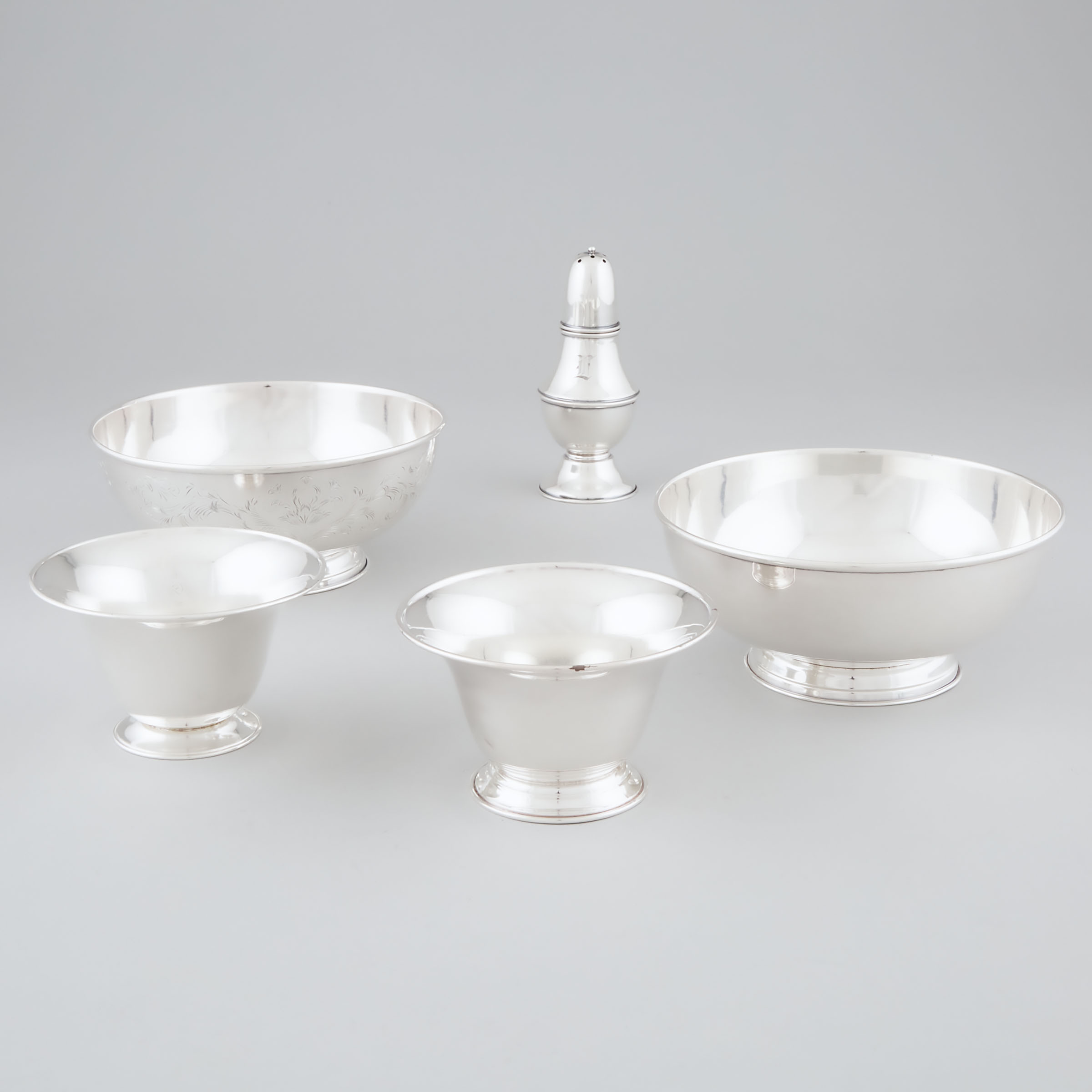 Four Canadian Silver Bowls and a Caster, Carl Poul Petersen, Montreal, Que., mid-20th century