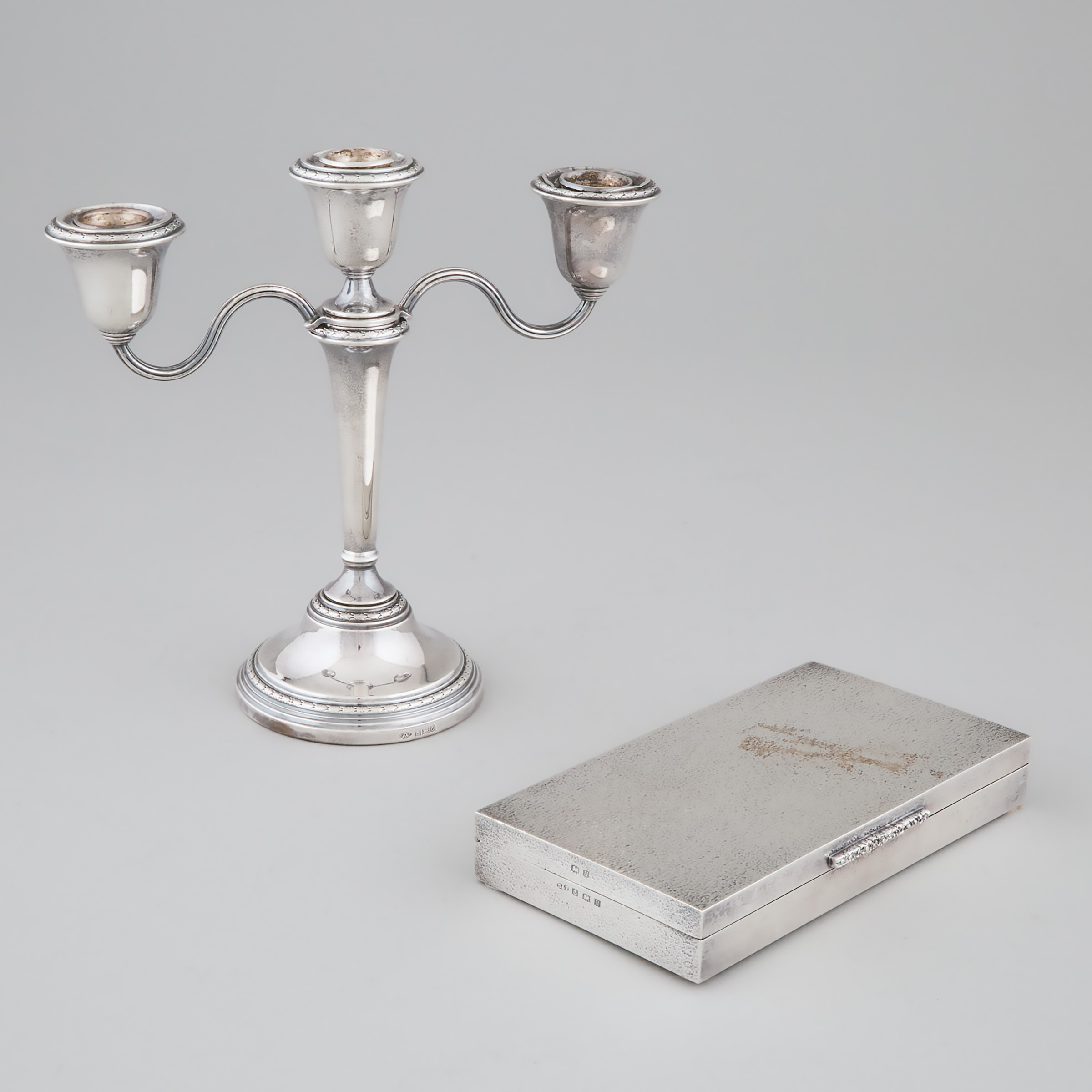 English Silver Three-Light Candelabrum and Cigarette Box, Adie Brothers, and Deakin & Francis, Birmingham, 1963/69