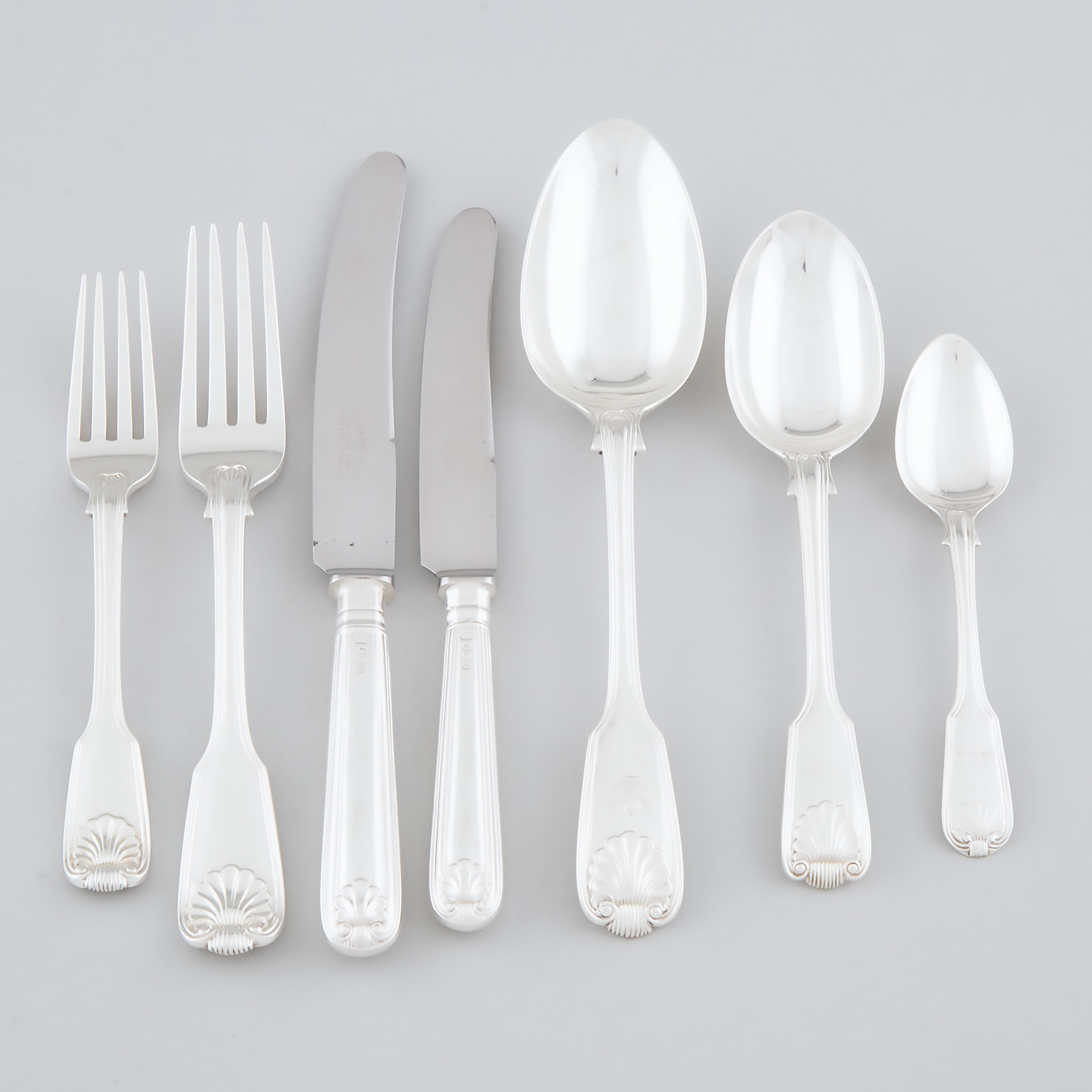 Assembled Late Georgian, Victorian and Later Silver Fiddle, Thread and Shell Pattern Flatware Service, mainly 19th century