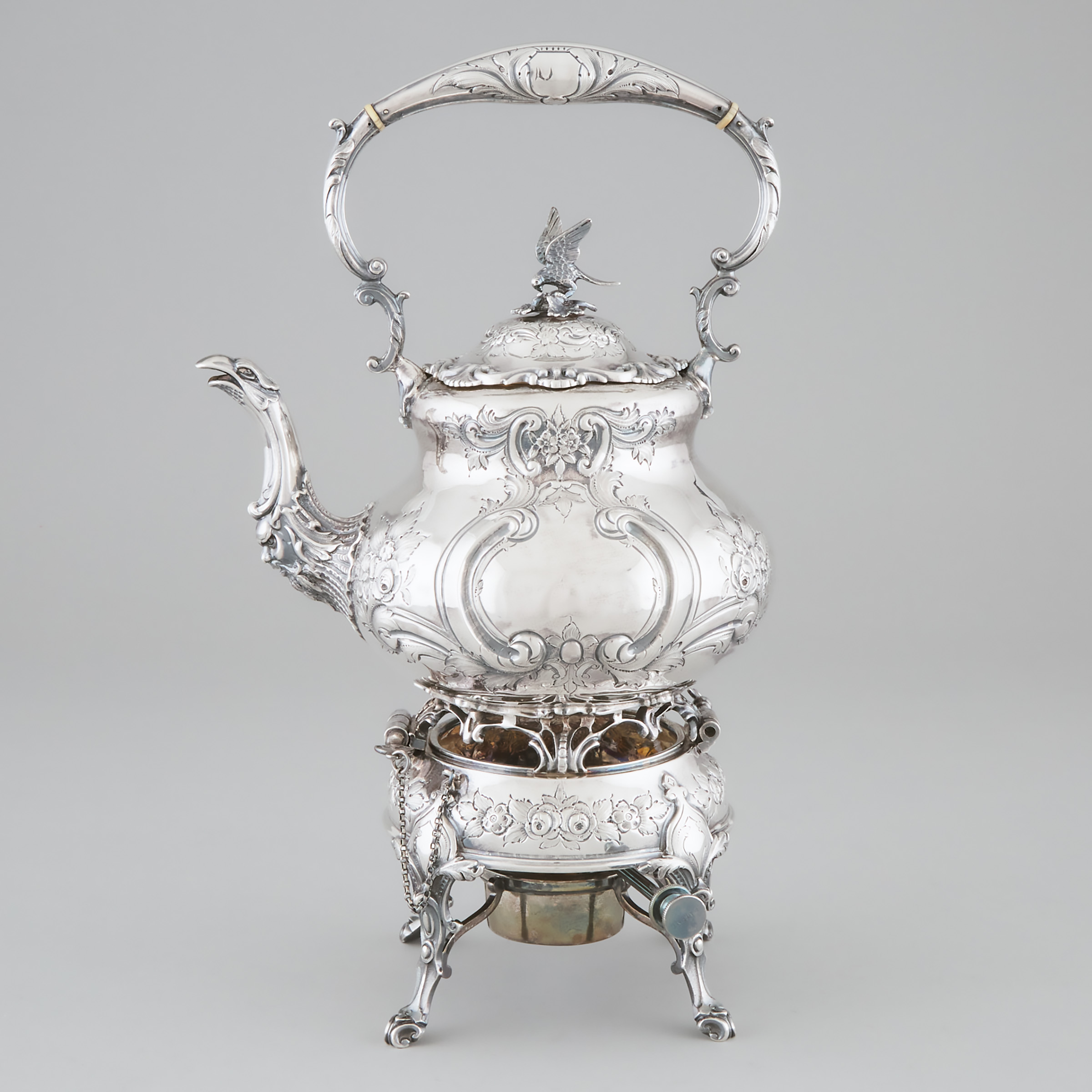 English Silver Tea Kettle on Lampstand, Goldsmiths & Silversmiths Co., London, 1912