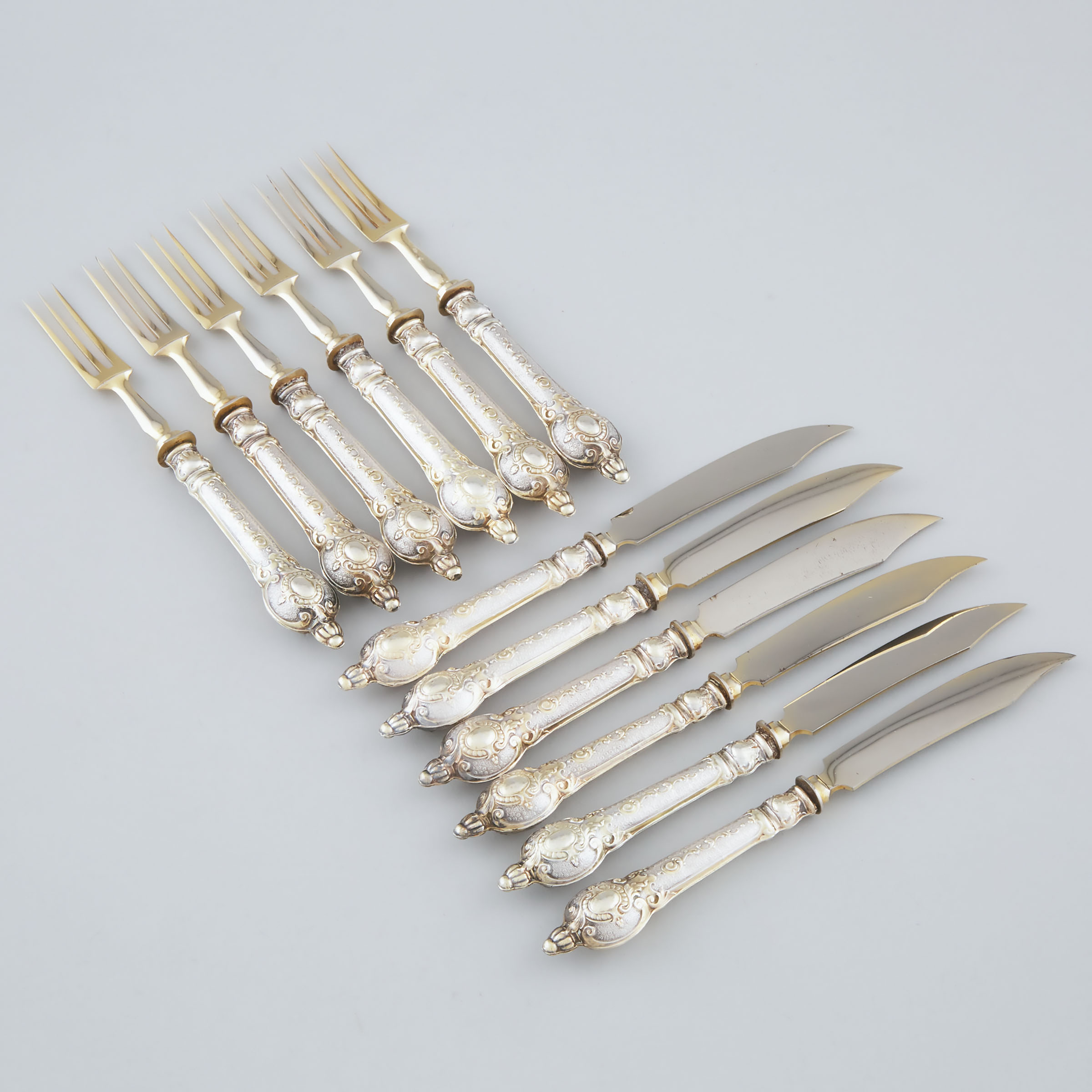 Six German Silver-Gilt Handled Fruit Knives and Six Forks, c.1900