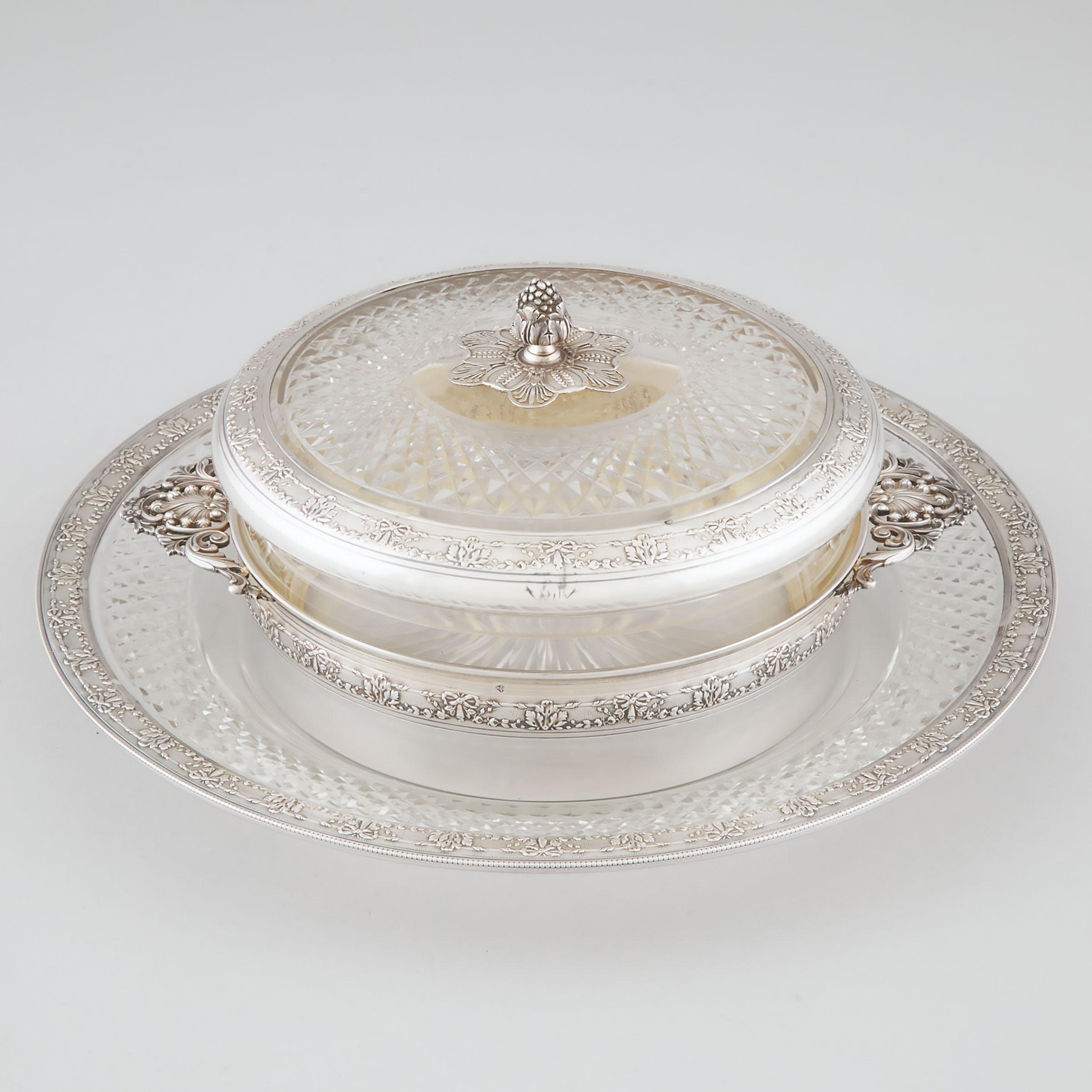 French Silver Mounted Cut Glass Two-Handled Serving Dish with Cover and Stand, Henri Lapeyre, Paris, early 20th century