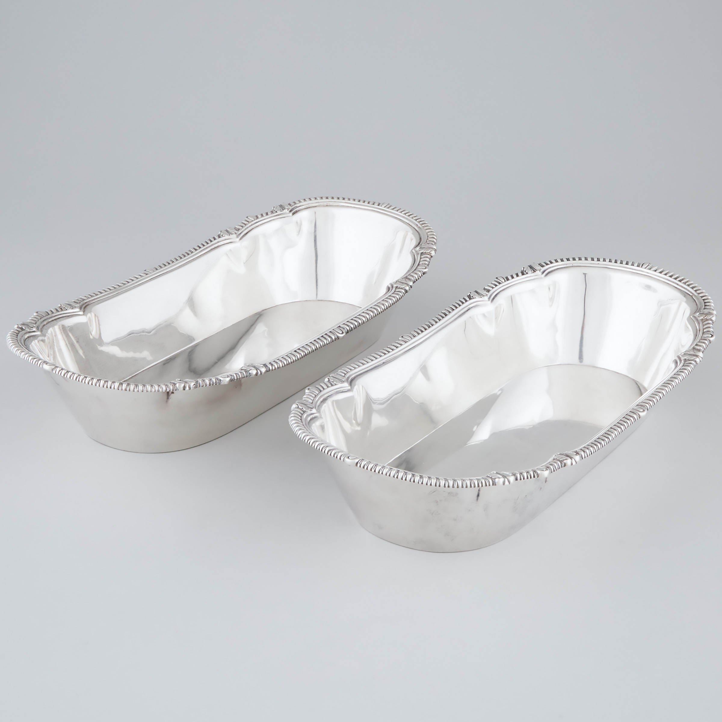 Pair of Victorian Silver Shaped Oblong Bread Dishes or Knife Trays, Robert Garrard, London, 1852