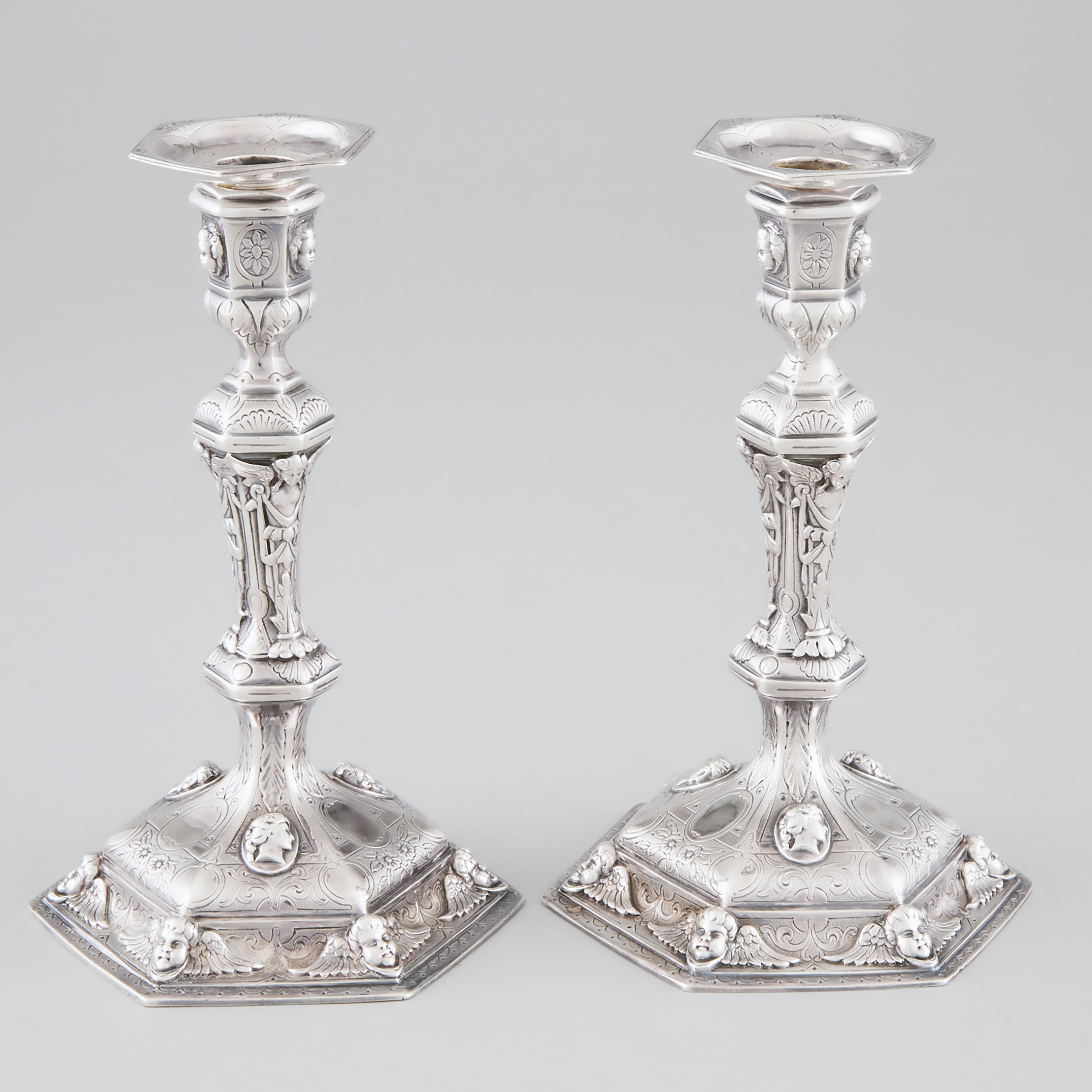 Pair of Edwardian Silver Renaissance Revival Table Candlesticks, Sebastian Garrard, London, 1908