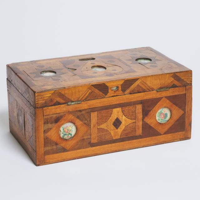 Victorian Folk Art Mixed Wood Parquetry and Lithograph Inset Valentines Box, 19th/early 20th century