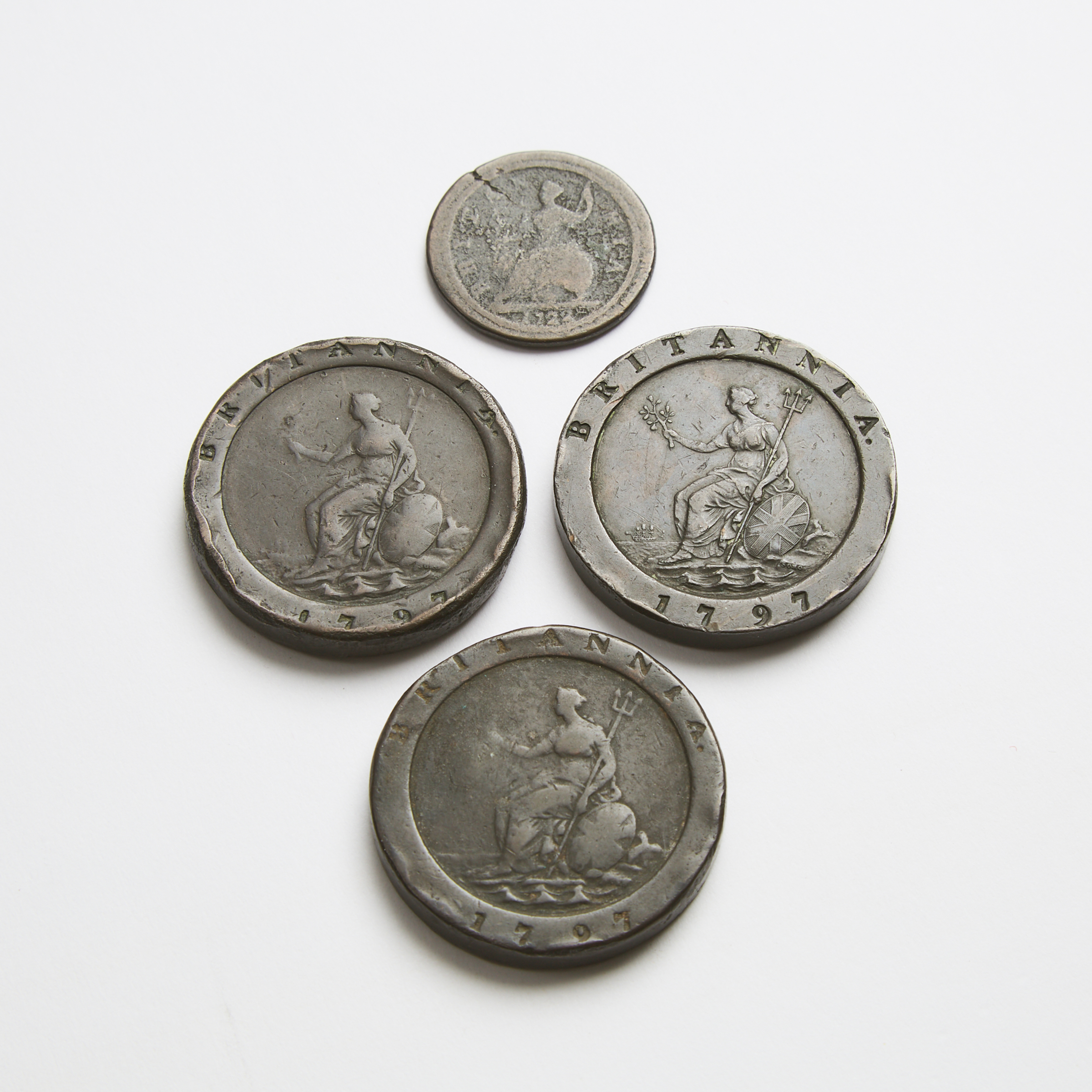 Three British George III AE 'Cartwheel' Two Pence Coins, Soho Mint, Birmingham, 1797 