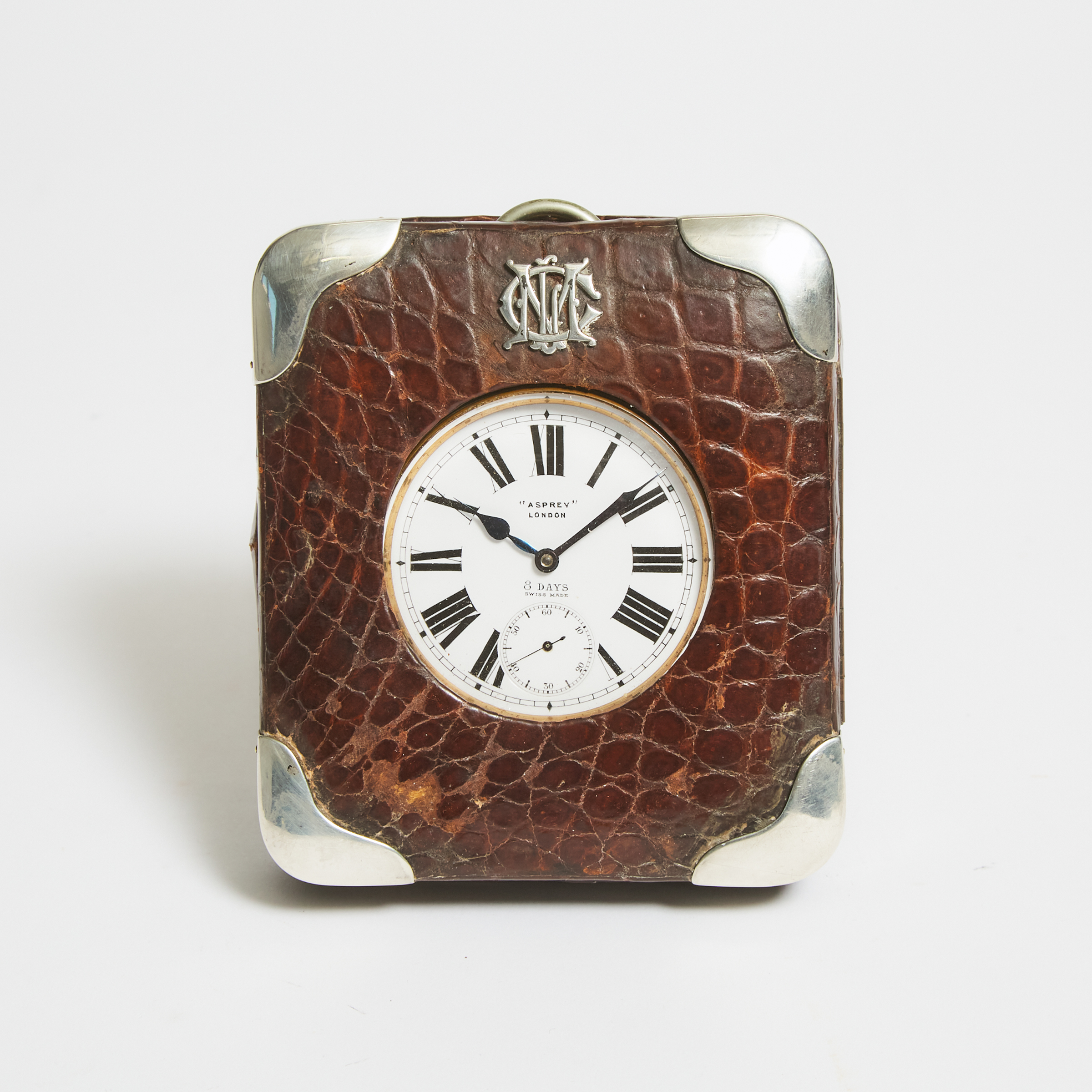 Asprey Silver Mounted Crocodile Cased Travel Clock, London, 1902