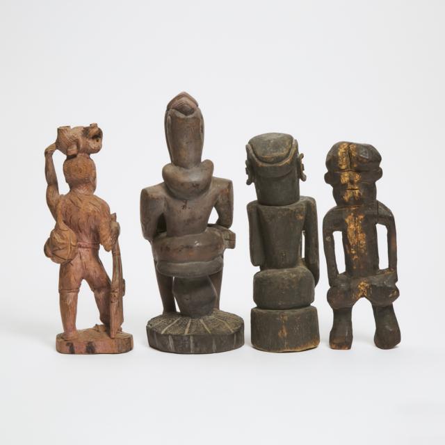 Group of Four Unidentified African Carved Wood Figures, all 20th century