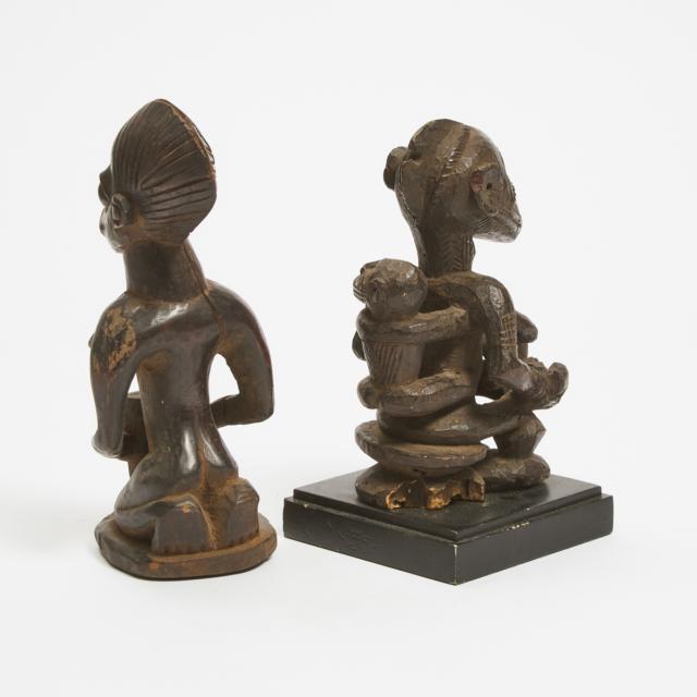 Unidentified Seated Maternity Figure, possibly Baga together with a kneeling Yoruba female figure, 20th century