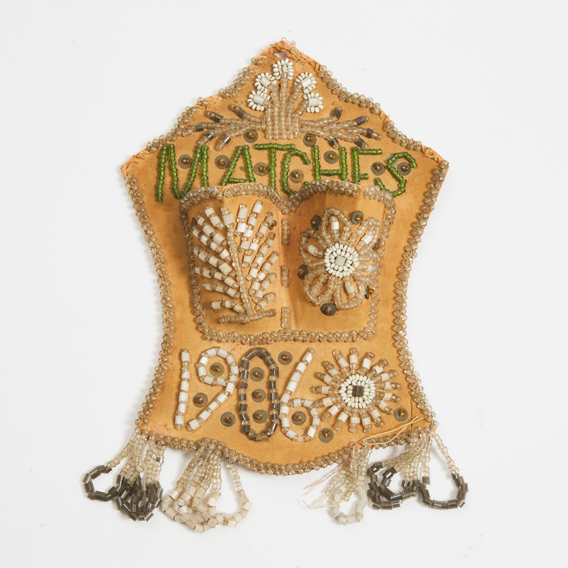 Iroquois Beaded Wall Mount Match Holder, Turtle Island, North American, dated 1906