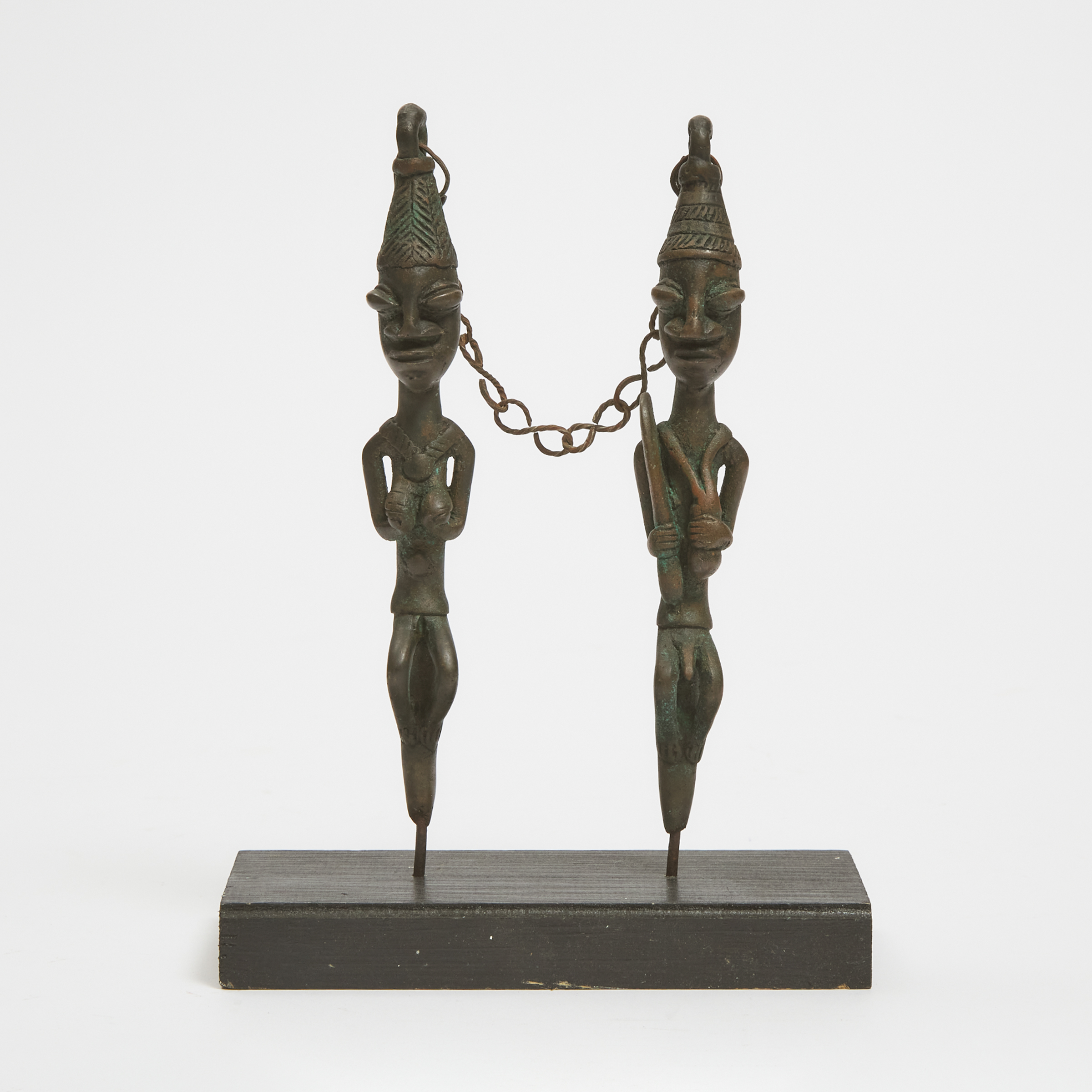 Pair of Yoruba Bronze Male and Female Edan Ogboni Staves, Nigeria, West Africa, 19th/20th century