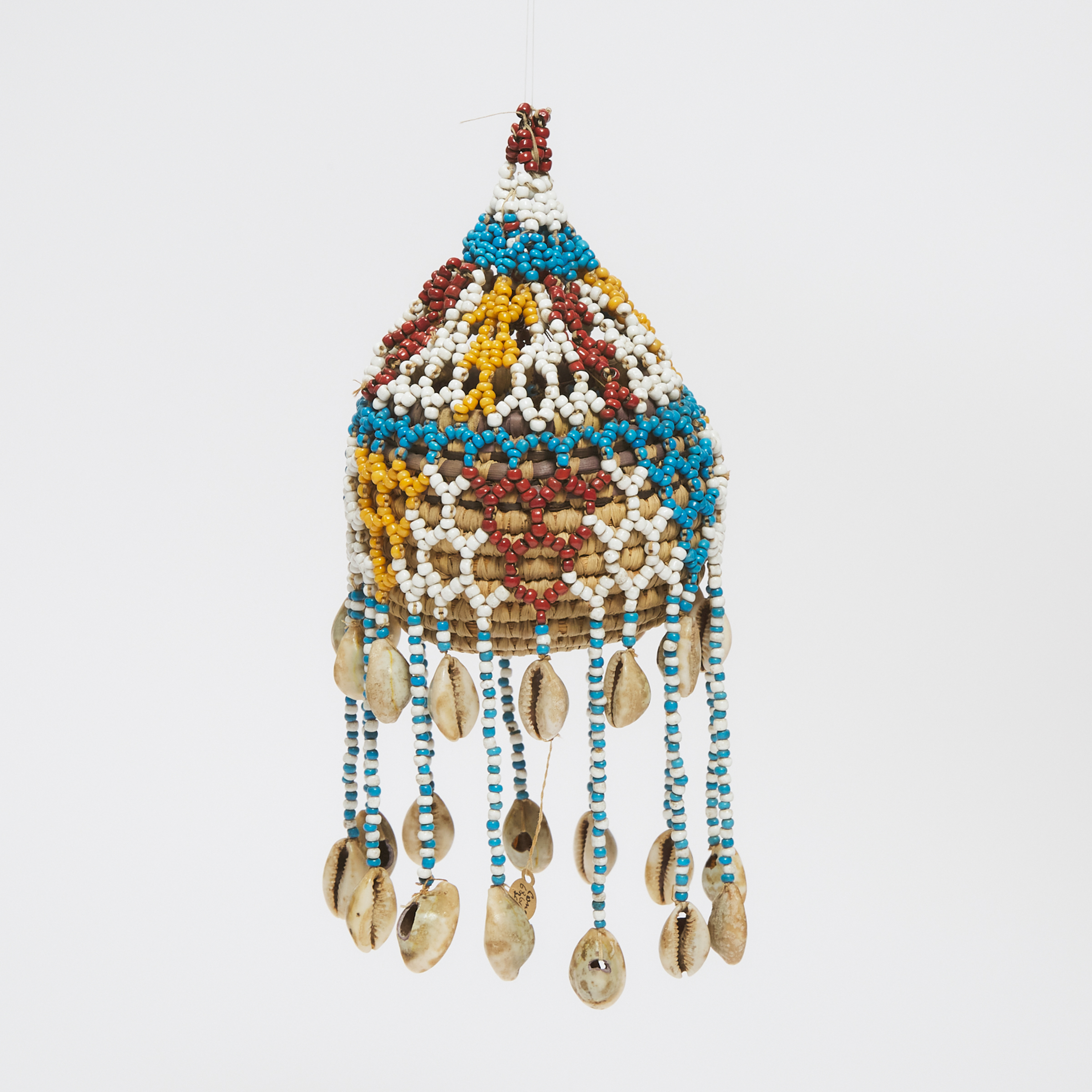 Kuba Woven Fiber and Beaded Basket with Cowrie Shell Drops, Democratic Republic of Congo, mid 20th century