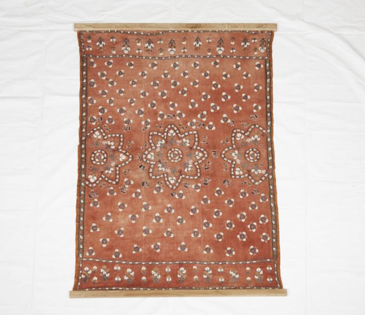 Indian Silk on Cotton Embroidered Table or Bed Cover with Mirrored Disc Inserts, late 19th to early 20th century