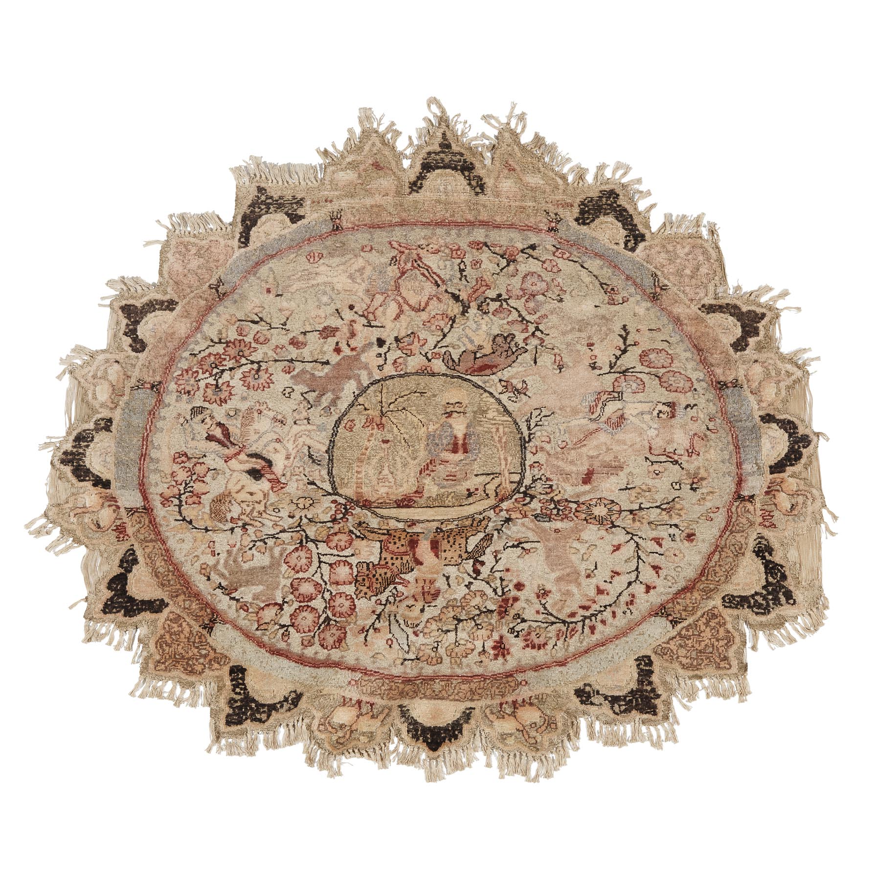 Indian Pictorial Oval Embroidery, possibly table cover, c.1880/1900
