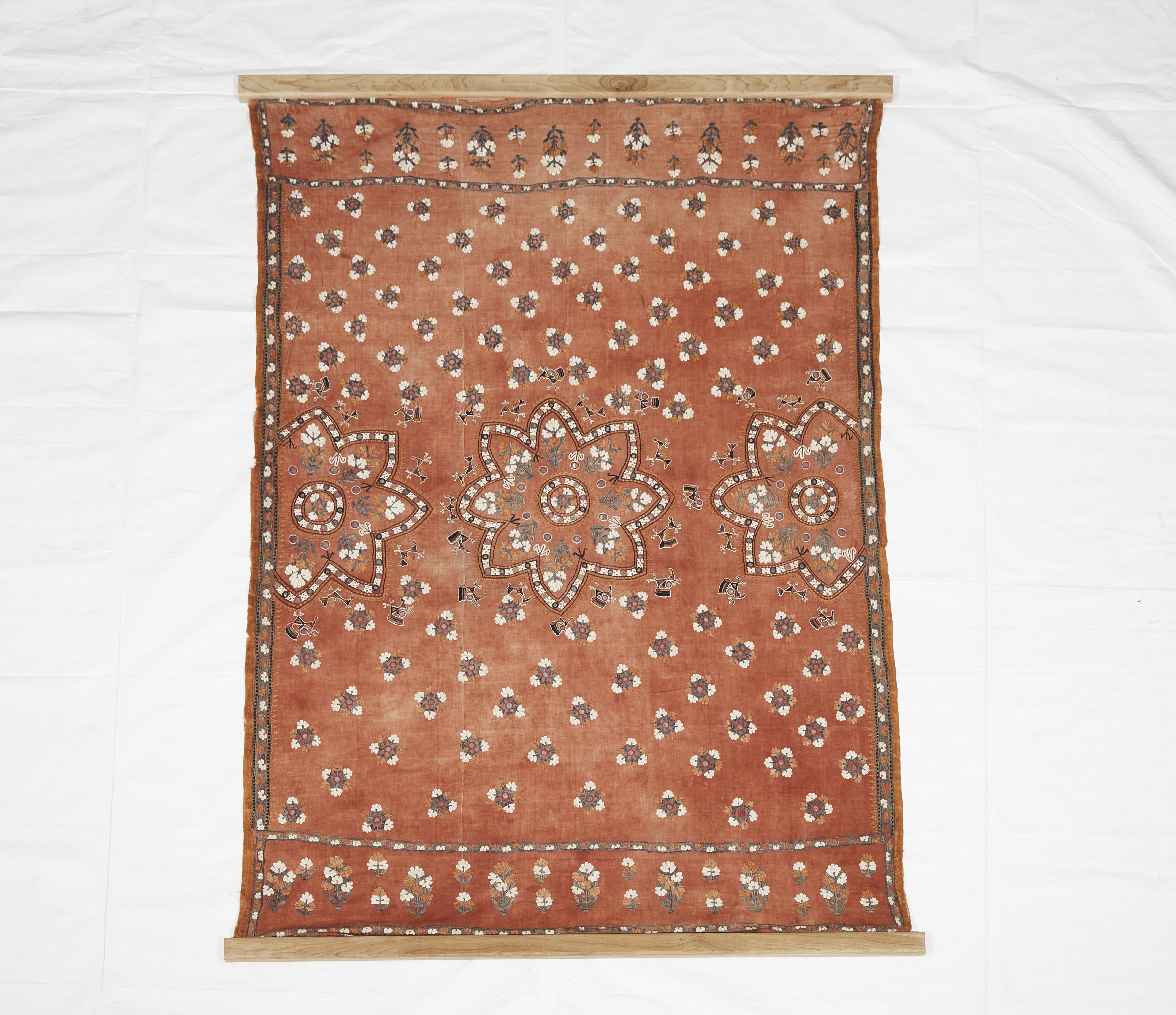 Indian Silk on Cotton Embroidered Table or Bed Cover with Mirrored Disc Inserts, late 19th to early 20th century