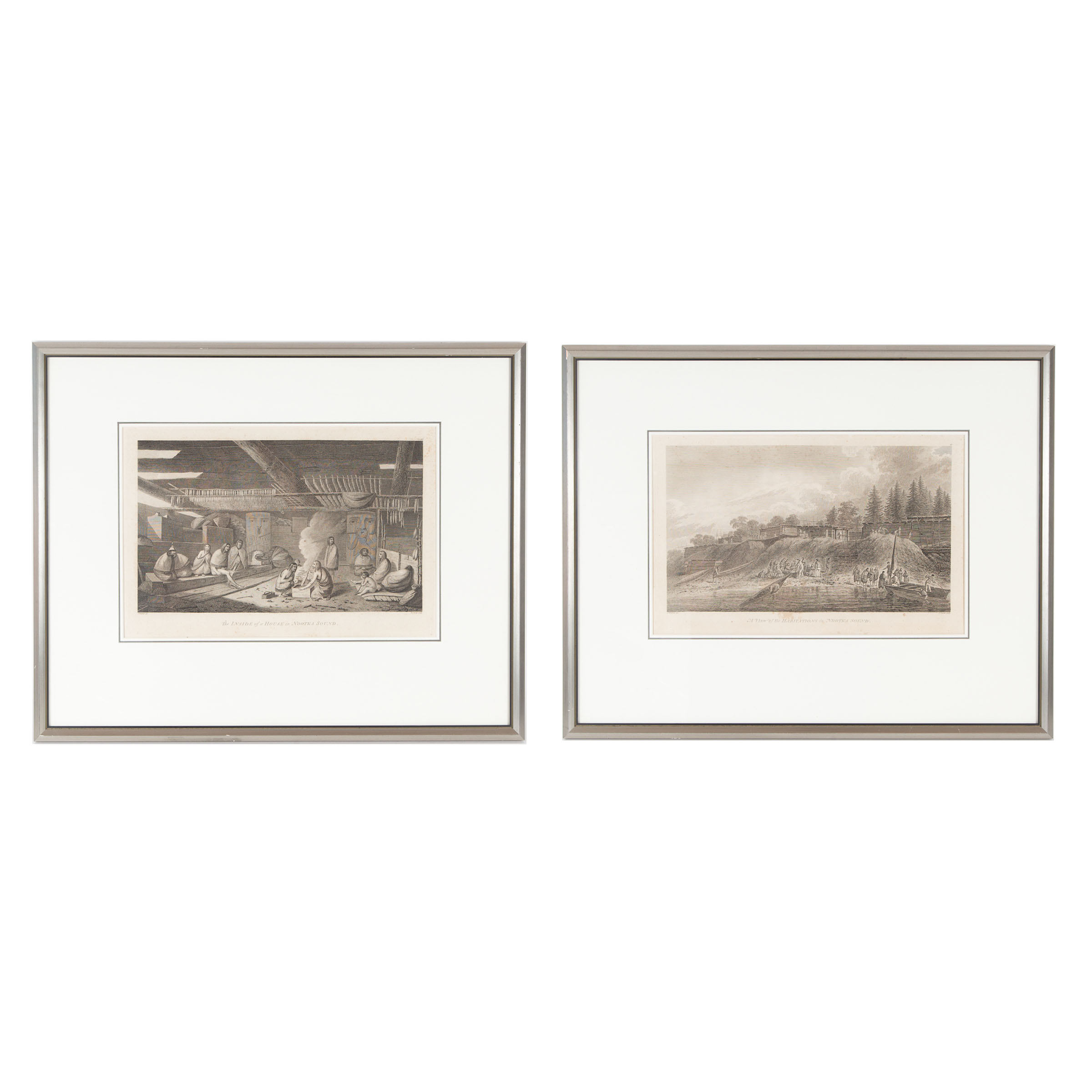 TWO ENGRAVINGS: "A VIEW OF THE HABITATIONS IN NOOTKA SOUND" AND "THE INSIDE OF A HOUSE IN NOOTKA SOUND"