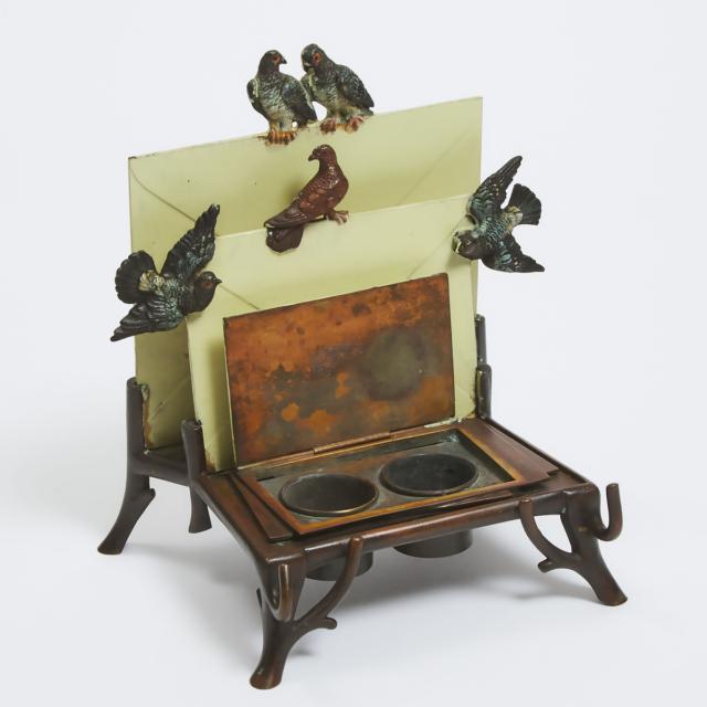 Austrian Art Nouveau Cold Painted Bronze Avian Desk/Letter Stand, c.1890