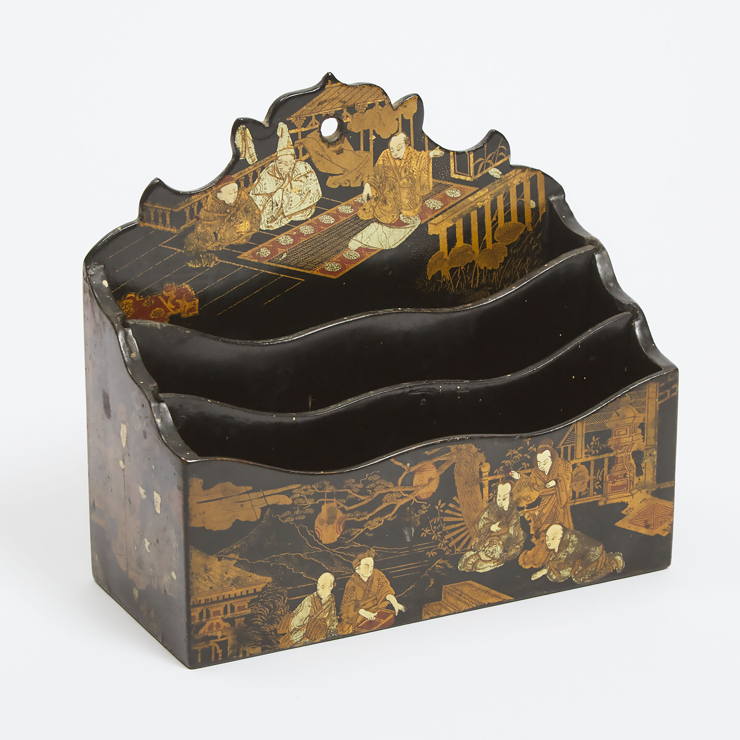 English Chinoiserie Black Lacquer Letter Holder, late 19th century