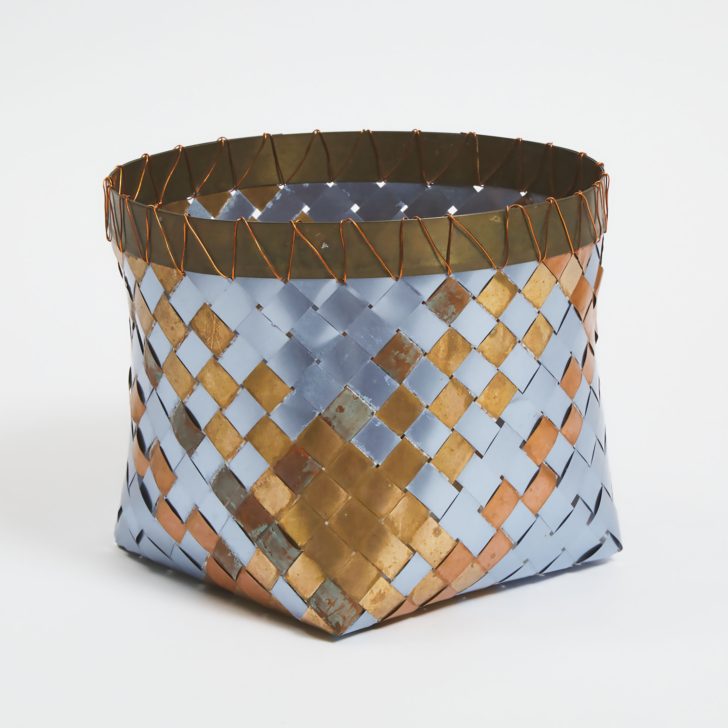 Melinda Mayhall (Canadian, 1939-2020) Decorative Woven Copper and Tin Basket, c.1990