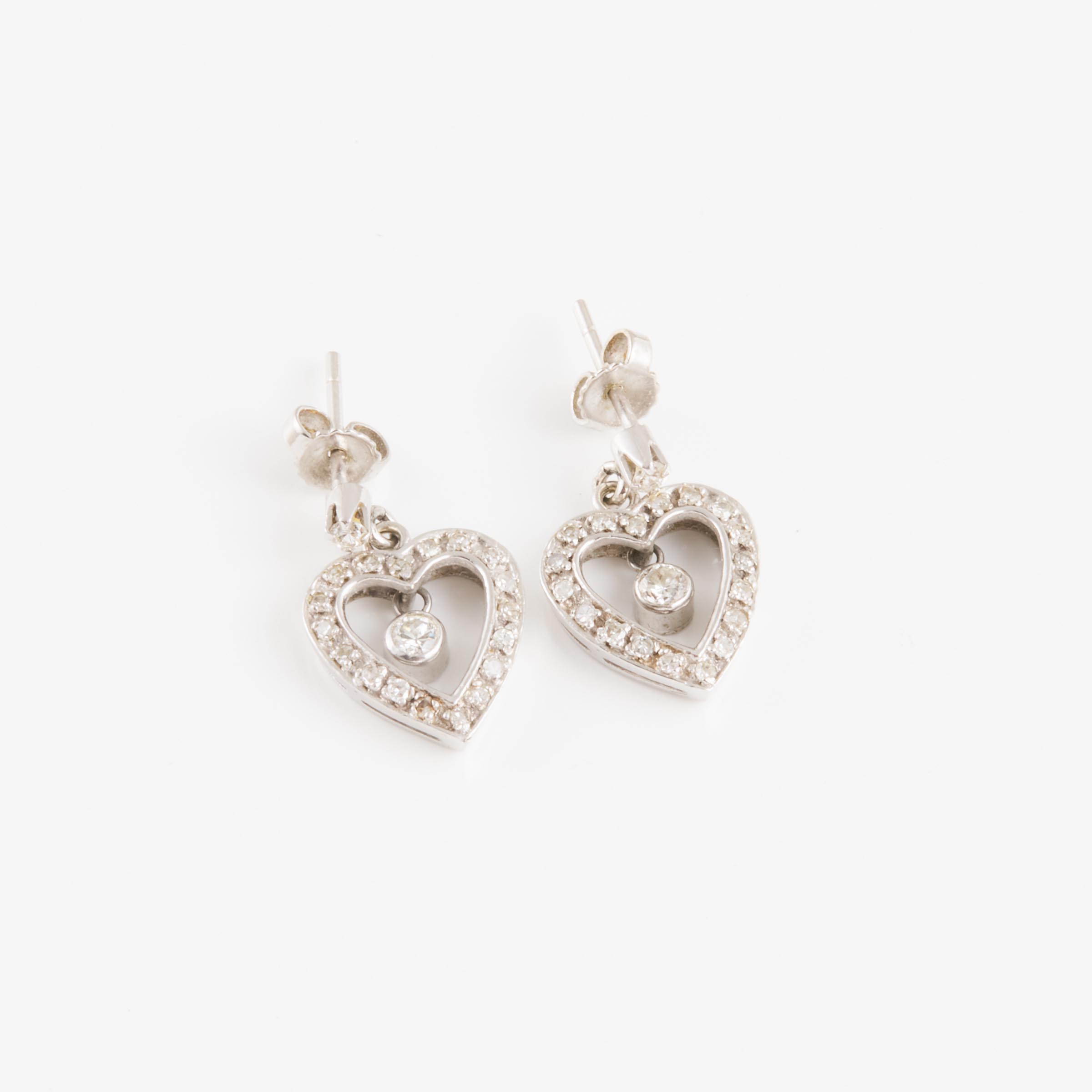 Pair Of 14k White Gold Heart Drop Earrings
