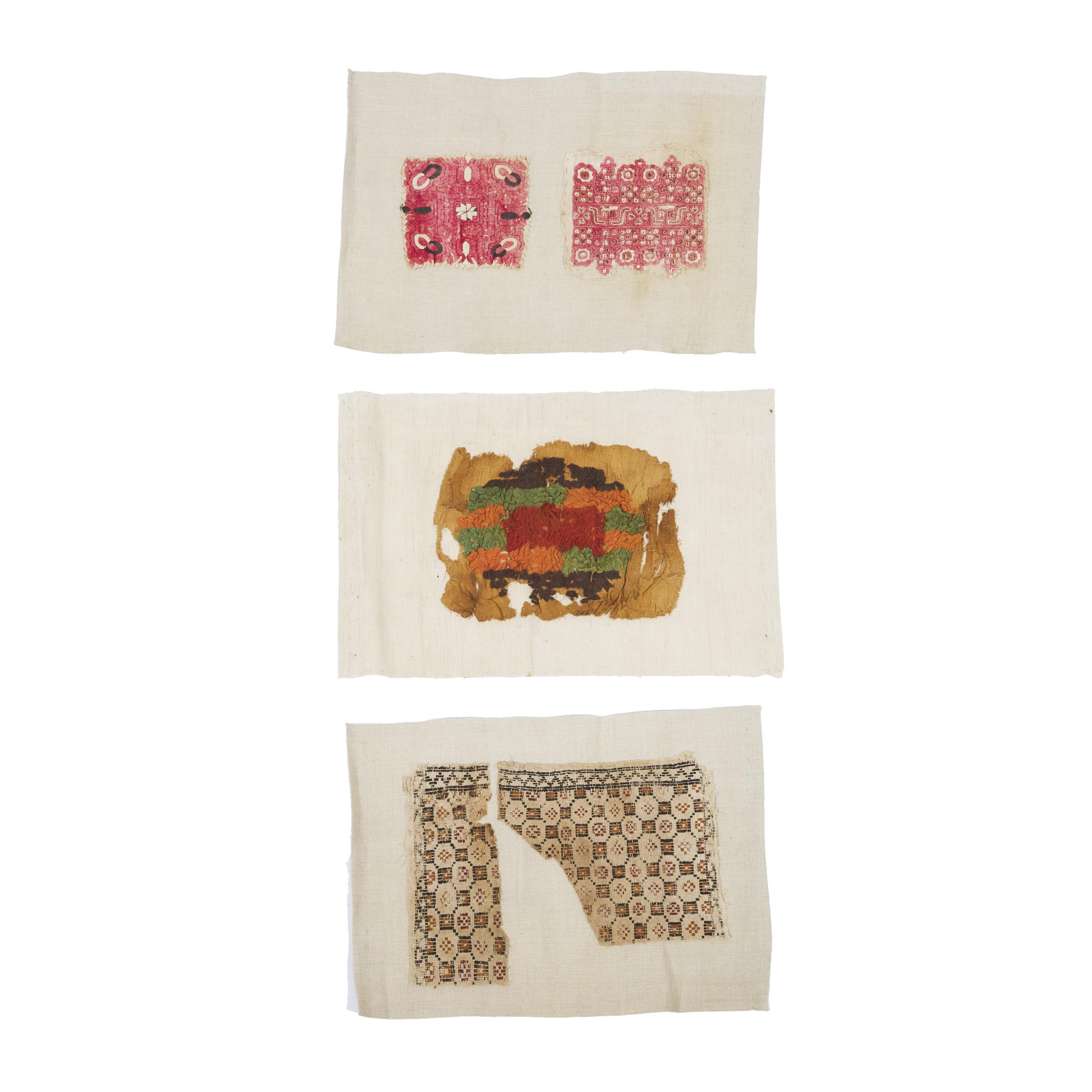 Three Egyptian Textile Fragments together with Two Indian Embroidered Fragments, all 4/8th century AD