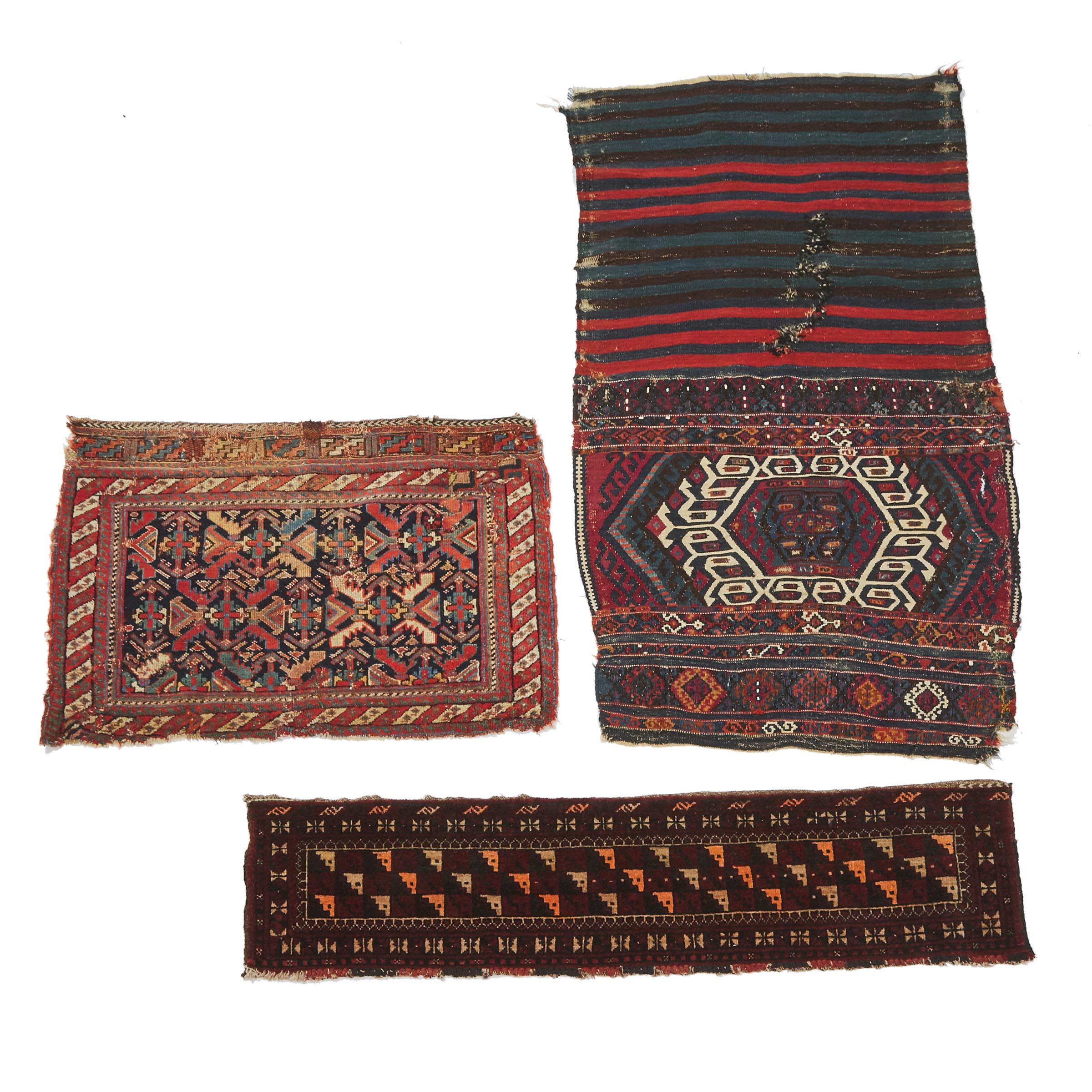 Afshar Bag Face, Persian, c.1900 together with Afghan Asmalik, c.1940 and a Malatya Kilim Bag, c.1900
