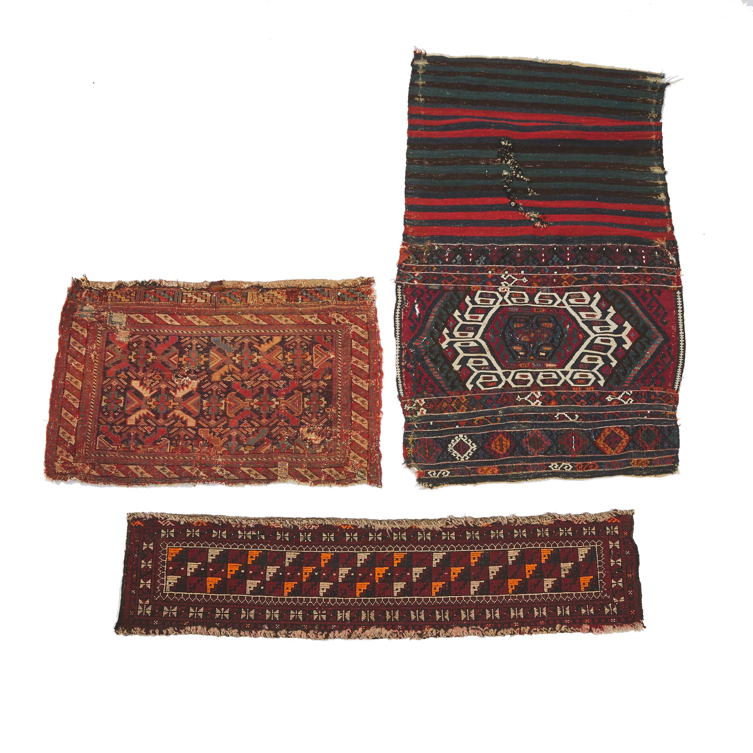 Afshar Bag Face, Persian, c.1900 together with Afghan Asmalik, c.1940 and a Malatya Kilim Bag, c.1900